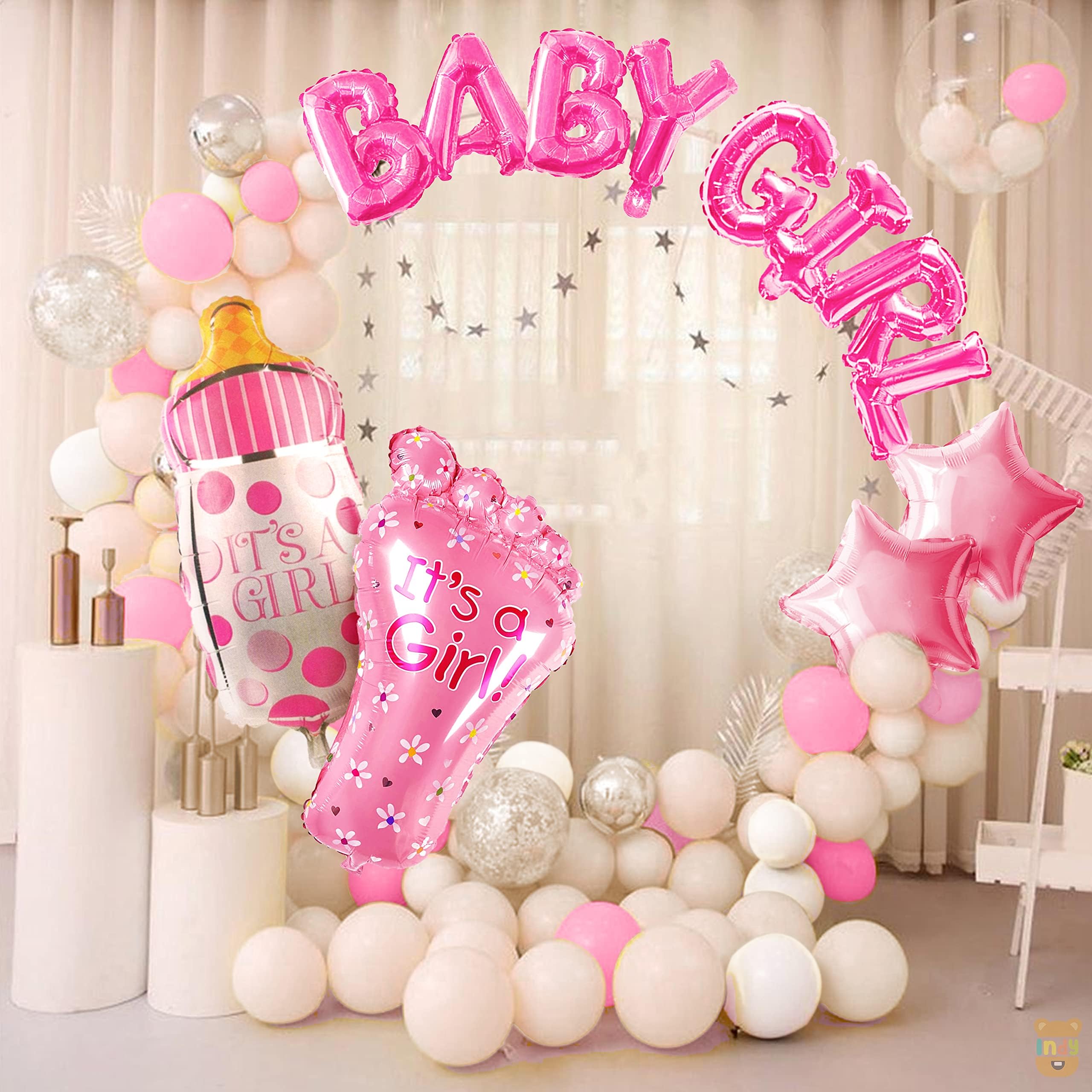 ITAF Set Of 42 Pcs Baby Girl Welcome Decoration Kit For Home / 15 White & 15 Pink Pastel Balloons, 1 Its a Girl! Welcome Pink Bottle , 2 Rosegold Star Foil Balloon, 1 Its a Girl! Welcome Pink Foot, 8 Letter BABY GIRL Pink Foil Balloon For Kids Birthday Party New Born Baby Theme Decoration Kit