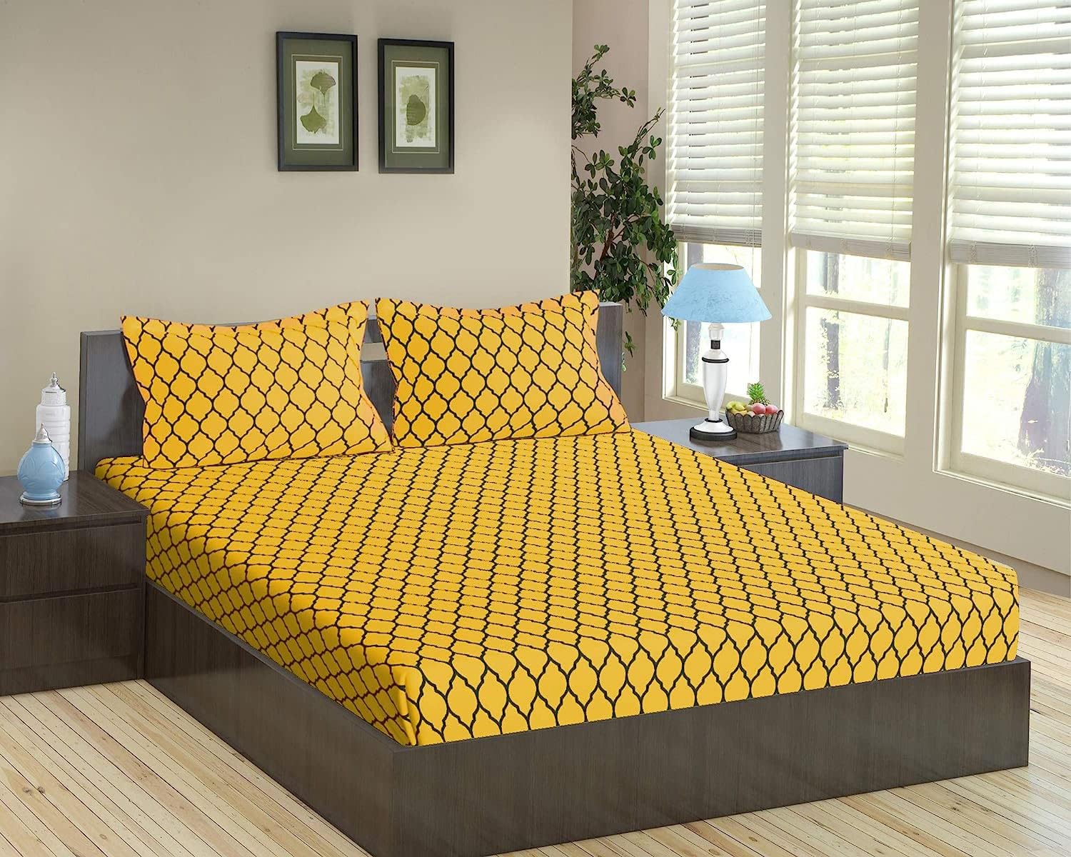 Queen Size Cotton Bedsheet Set - Warm Grey Mustard -8