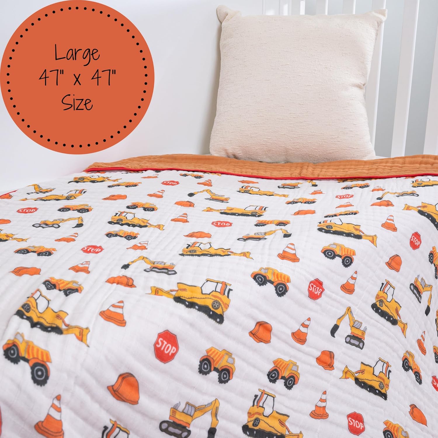 LollyBanks Muslin Baby Quilt, 6-Layer 100% Cotton Baby Blanket 47”x47”, Soft, Lightweight and Breathable Muslin Quilt for Infants and Toddlers, Cozy Crib Blanket for Boys (Construction Print) - Image 6