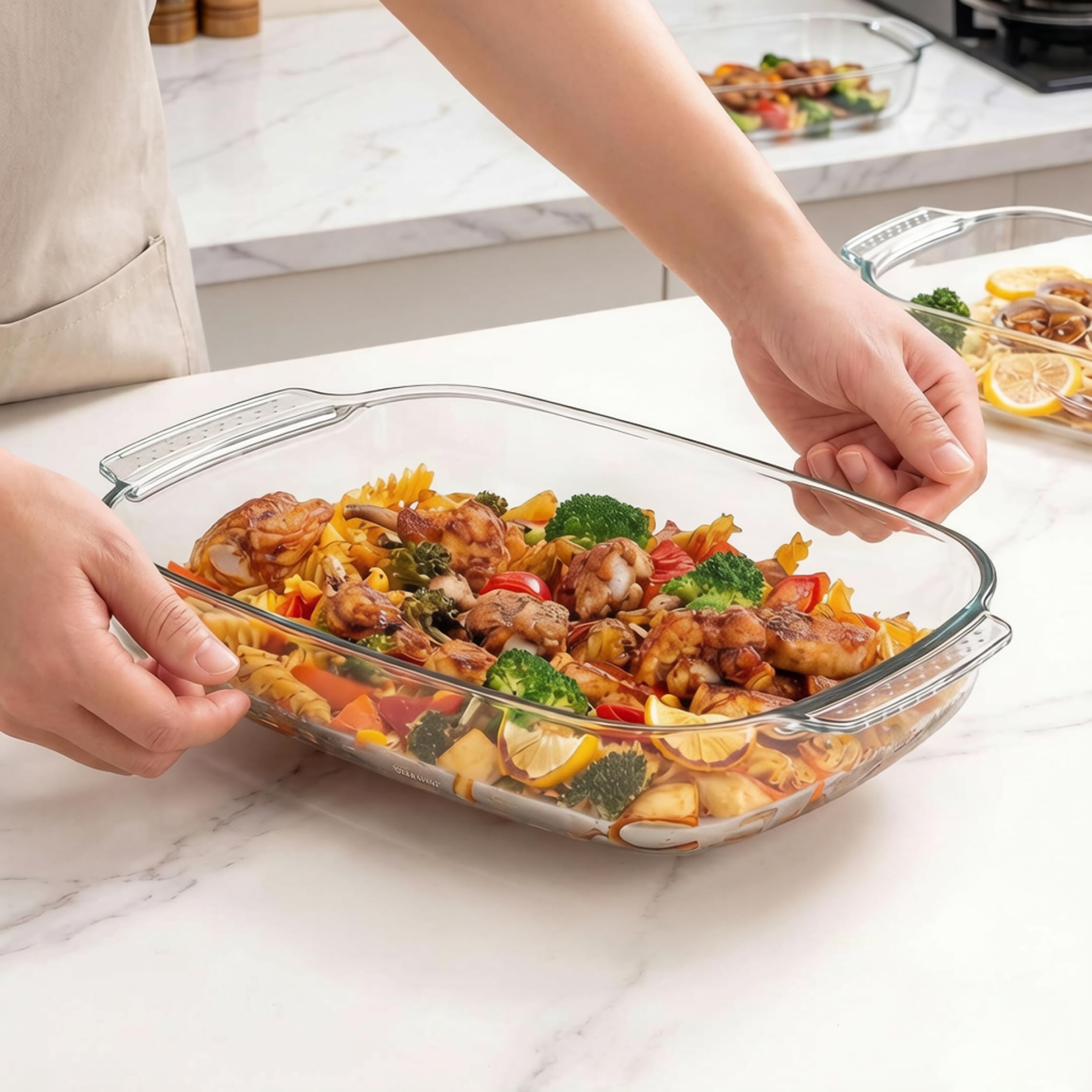 Teglia in vetro Teglia in vetro per forno rettangolare trasparente borosilicato alto da 3, 8 l con manici.