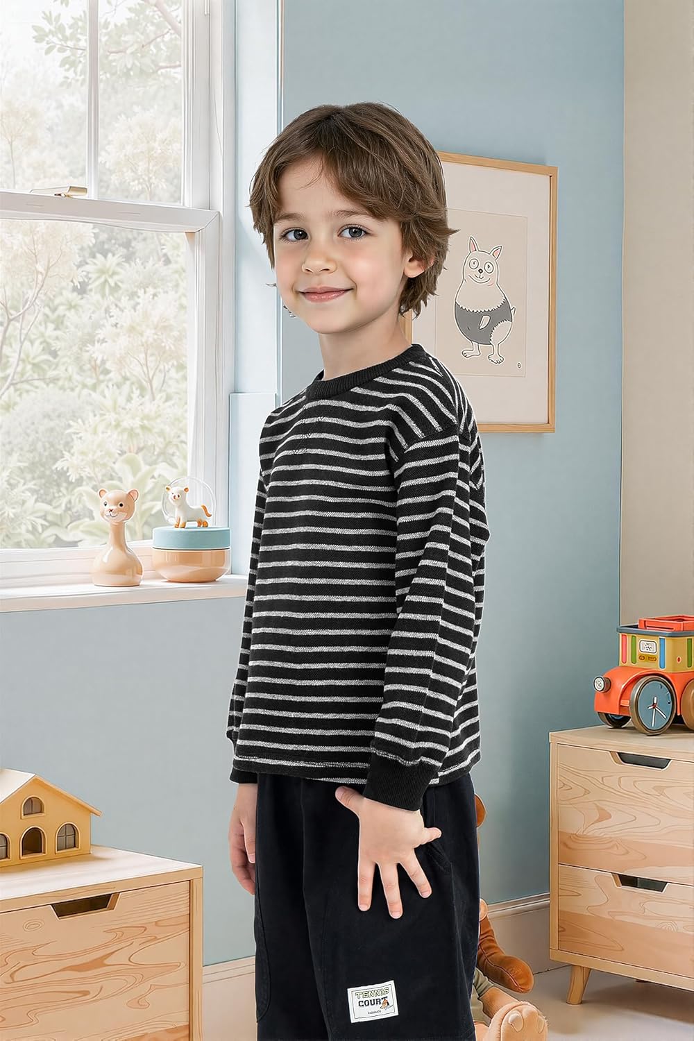 Cooraby 4 Pack Boys' Thermal Long-Sleeve Shirts Stripe and Solid Tee Shirts Soft Cotton Tees for Boys and Toddlers