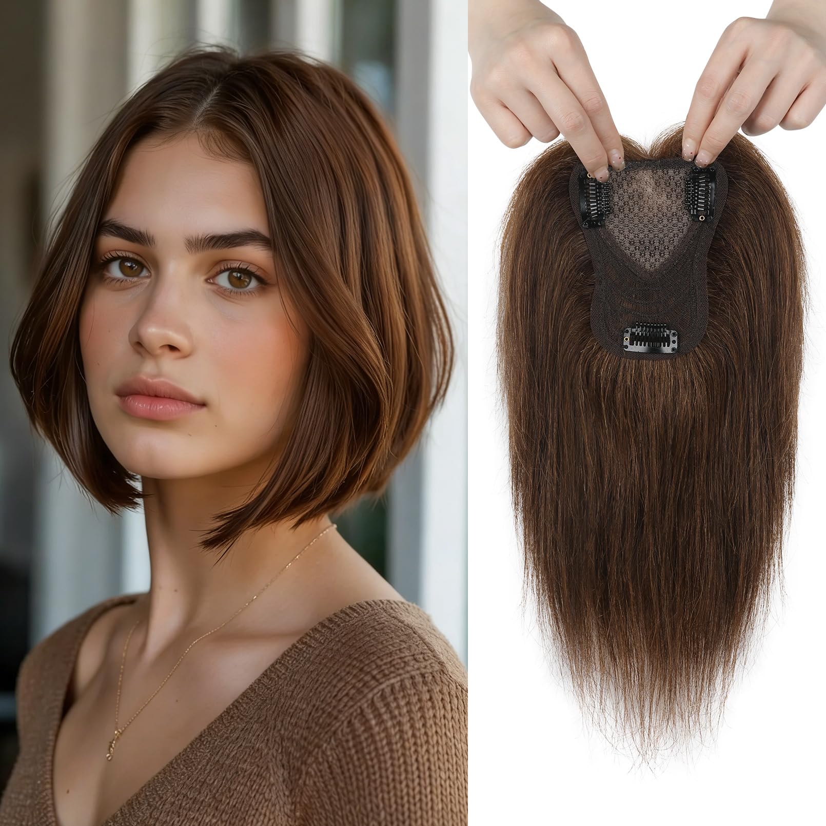 Photo 1 of REECHO 10" Real Human Hair Topper for Women with Thinning Hair, Clip-in Crown Hairpiece for Instant Volume and Gray Root Coverage Real Hair Toppers Wiglett, Swiss Base, Chocolate Brown