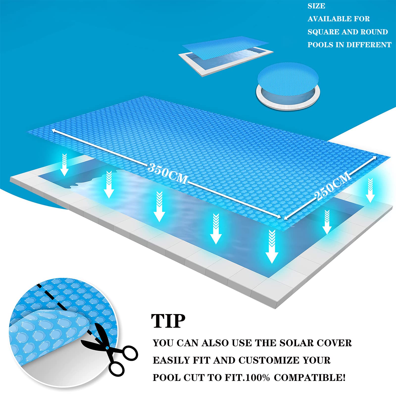 Cubierta solar para piscina, manta solar rectangular para piscina, envoltura de burbujas de PE azul (16 mm), con el lado de la burbuja hacia abajo, cubierta aislante para bañera de hidromasaje a pru