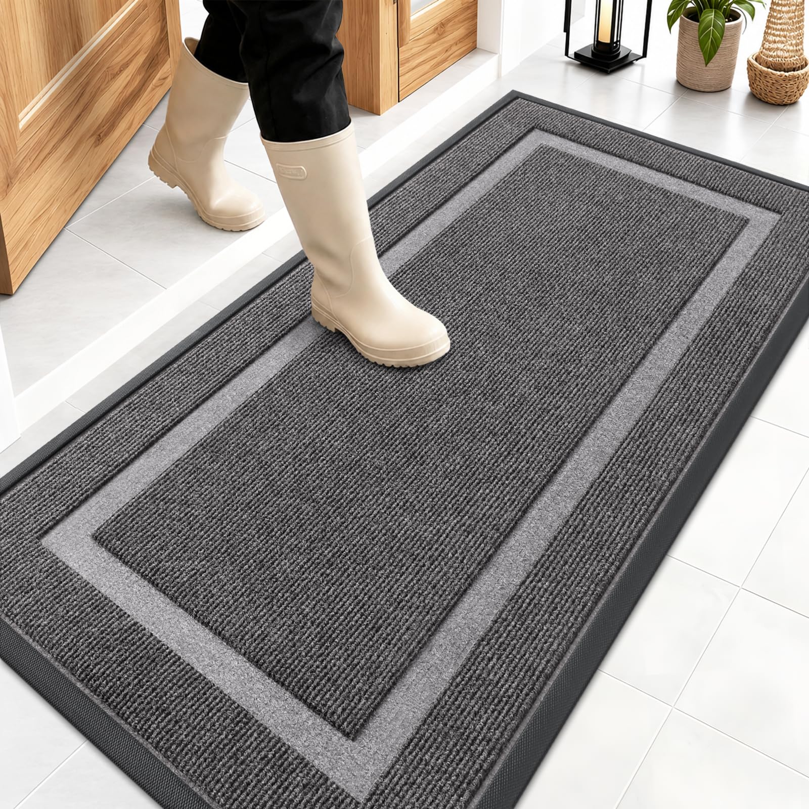 OLANLY Front Door Mat Outside 47x23, All-Season Heavy-Duty Rubber Doormat | Dark Grey, Absorbent, Stain Fade Resistant, Waterproof Non-Slip Backing, Low-Profile Indoor Outdoor Floor Mat for Entryway
