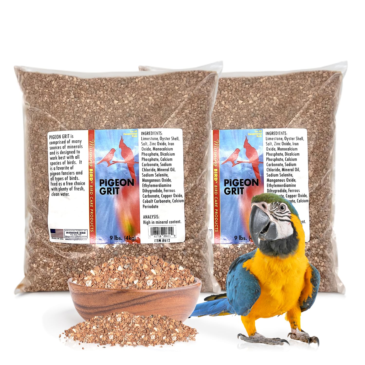 Morning Bird Pigeon Grit - Healthy & Nutritious Pigeon Food to Supports Strong Muscles & Bones for All Species - Easy to Digest & Packed with Natural Mineral Supplement - 18 lbs (2-Pack, 9 lbs Each)
