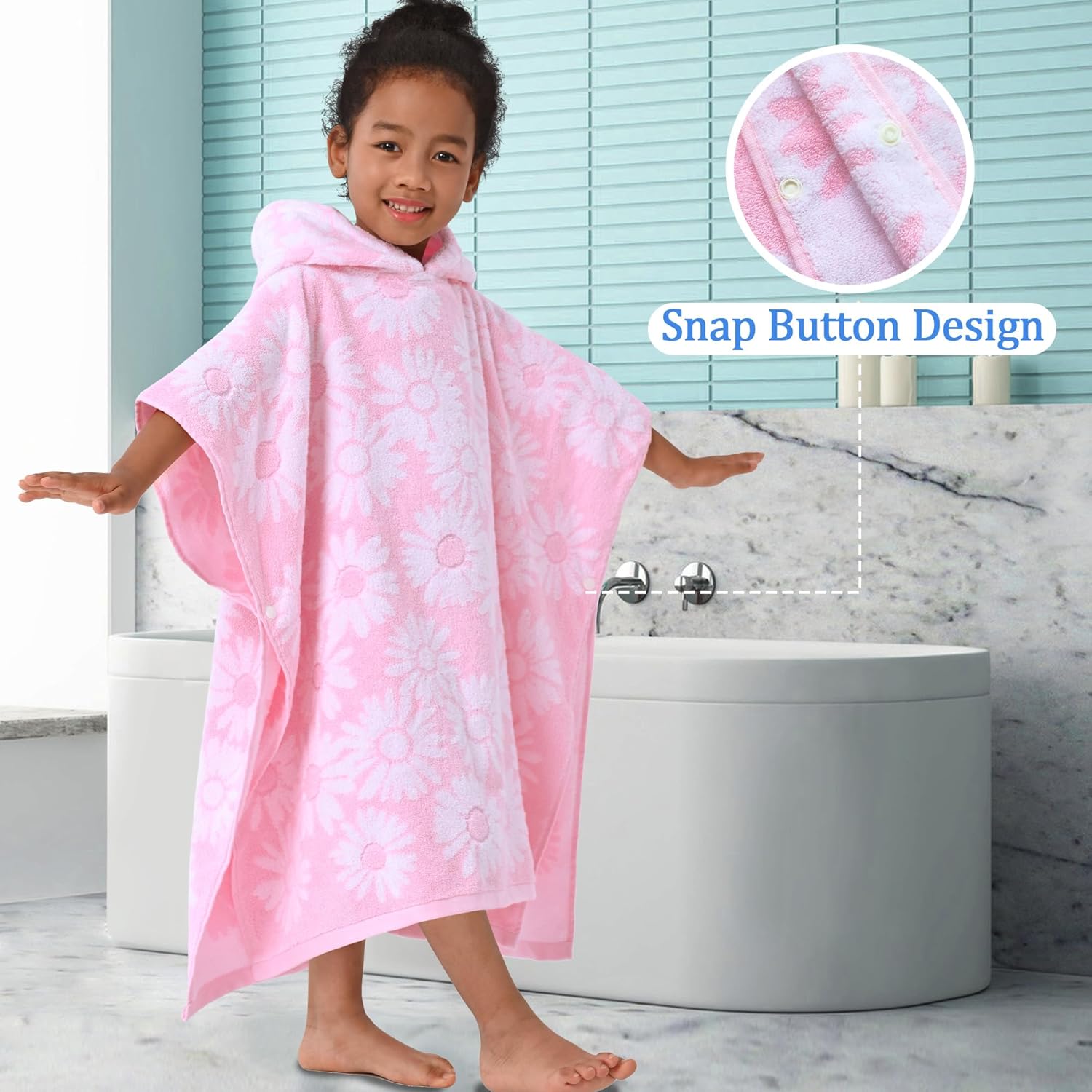 VOOVA & MOVAS Thick Hooded Bath Towel Poncho for Kids (4-8Years) - Soft, Absorbent Turkish Cotton Swim Towel Robe, Perfect for Bathroom | Pool | Swim, Jacquard, Pink with White Daisy Theme - Image 4