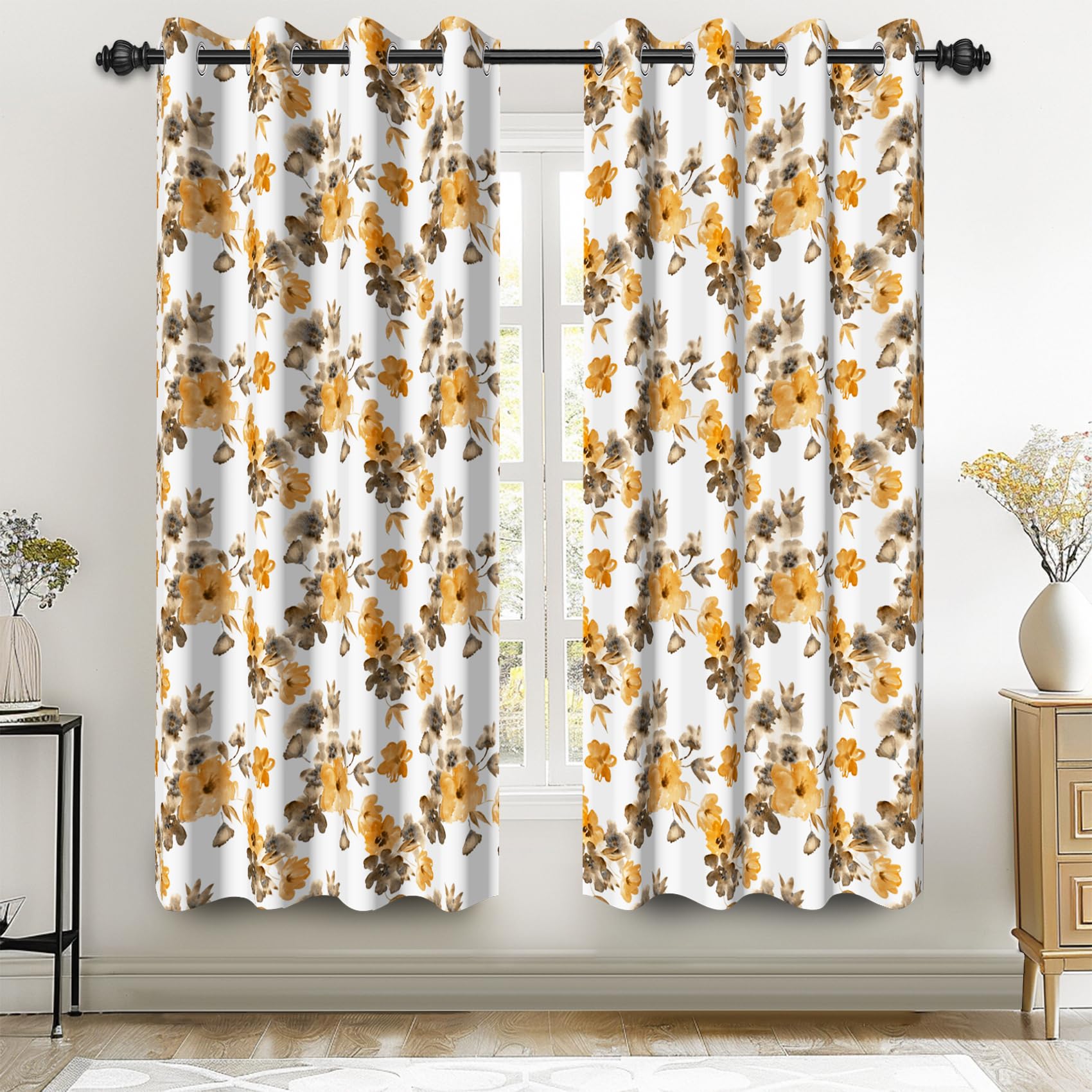 Rideaux occultants 106,7x160 cm en lin à œillets avec motif floral rétro pour fenêtre de salon