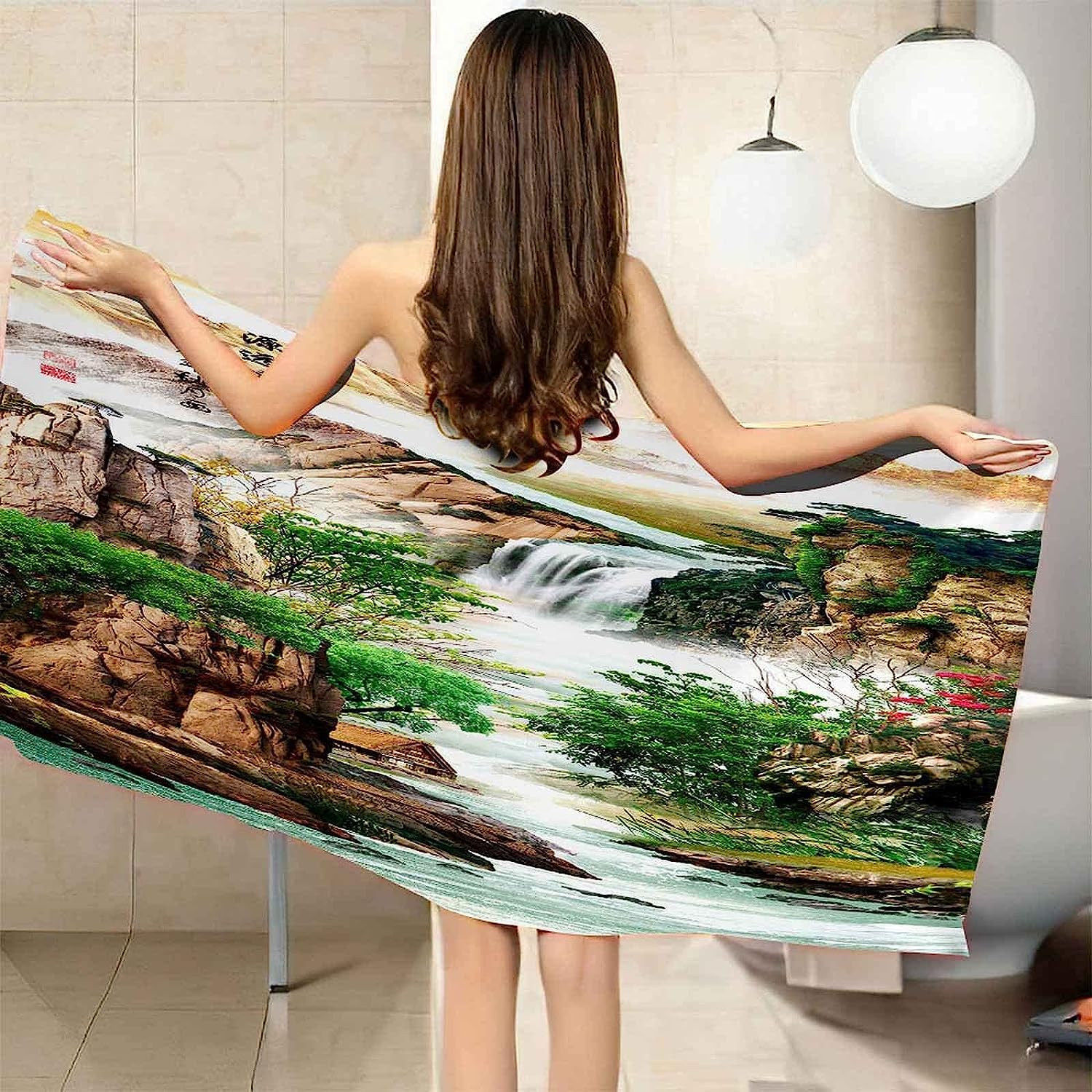 Telo Antisabbia Mare Coperta Da Spiaggia,Telo Mare Microfibra,Perfetto Per Lo Sport, Viaggi, Campeggio, Palestra, Piscina.Telo Mare Grande Paesaggio Fluviale Della Foresta Della Cascata Xxl 200-2K8D