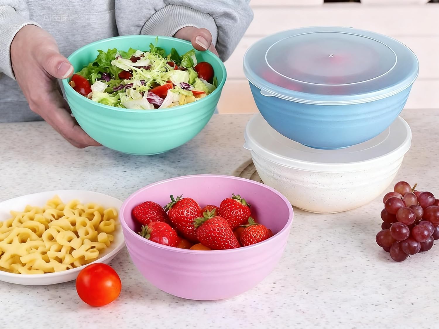 Wheat Straw Bowls with Lids BPA Free, Microwave & Dishwasher Safe (4)