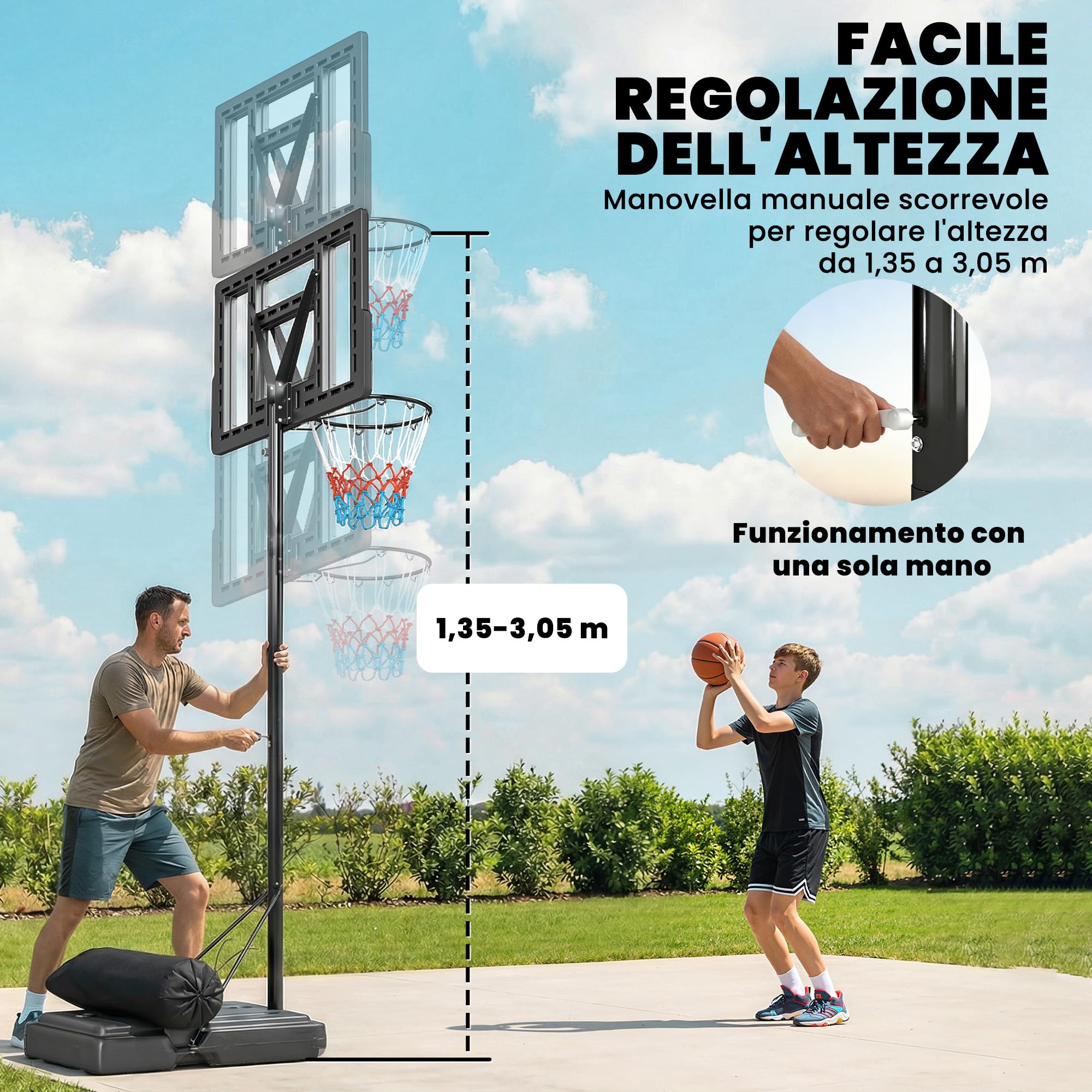 SPORTNOW Canestro Basket Esterno Regolabile in Altezza 135-305 cm, Canestro da Basket con Ruote, Base Riempibile, Sacco di Peso, Tabellone Infrangibile, Portatile per Interno Adulti Adolescenti, Nero