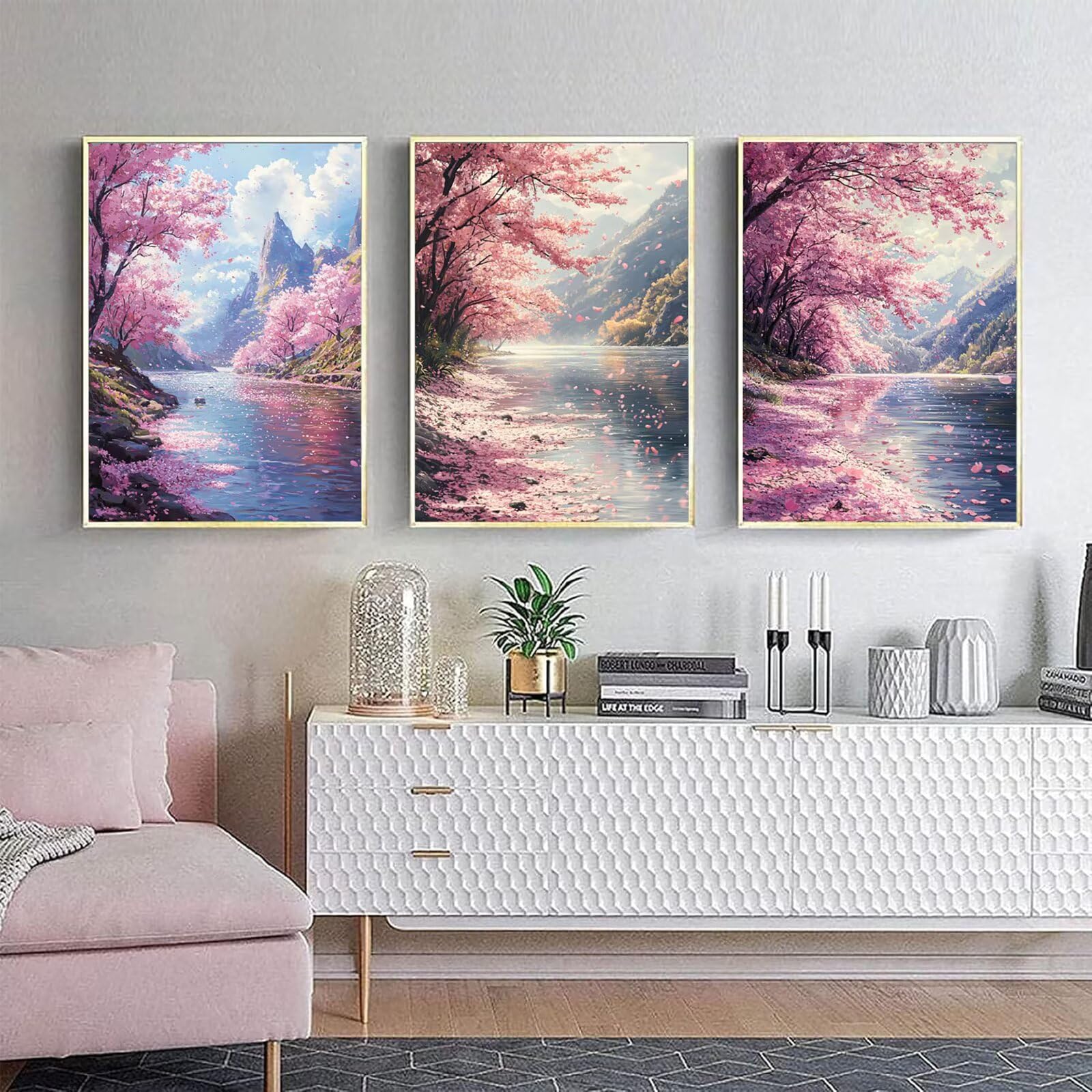 Generico Cnyaunfi 3 Pezzi Paesaggio Pittura Diamante Fai-Da-Te, 5D Rosa Diamond Painting Kit Completo per Hobby Creativi Adulti, Per La Decorazione Della Parete Di Casa 60x80cm YF-3523