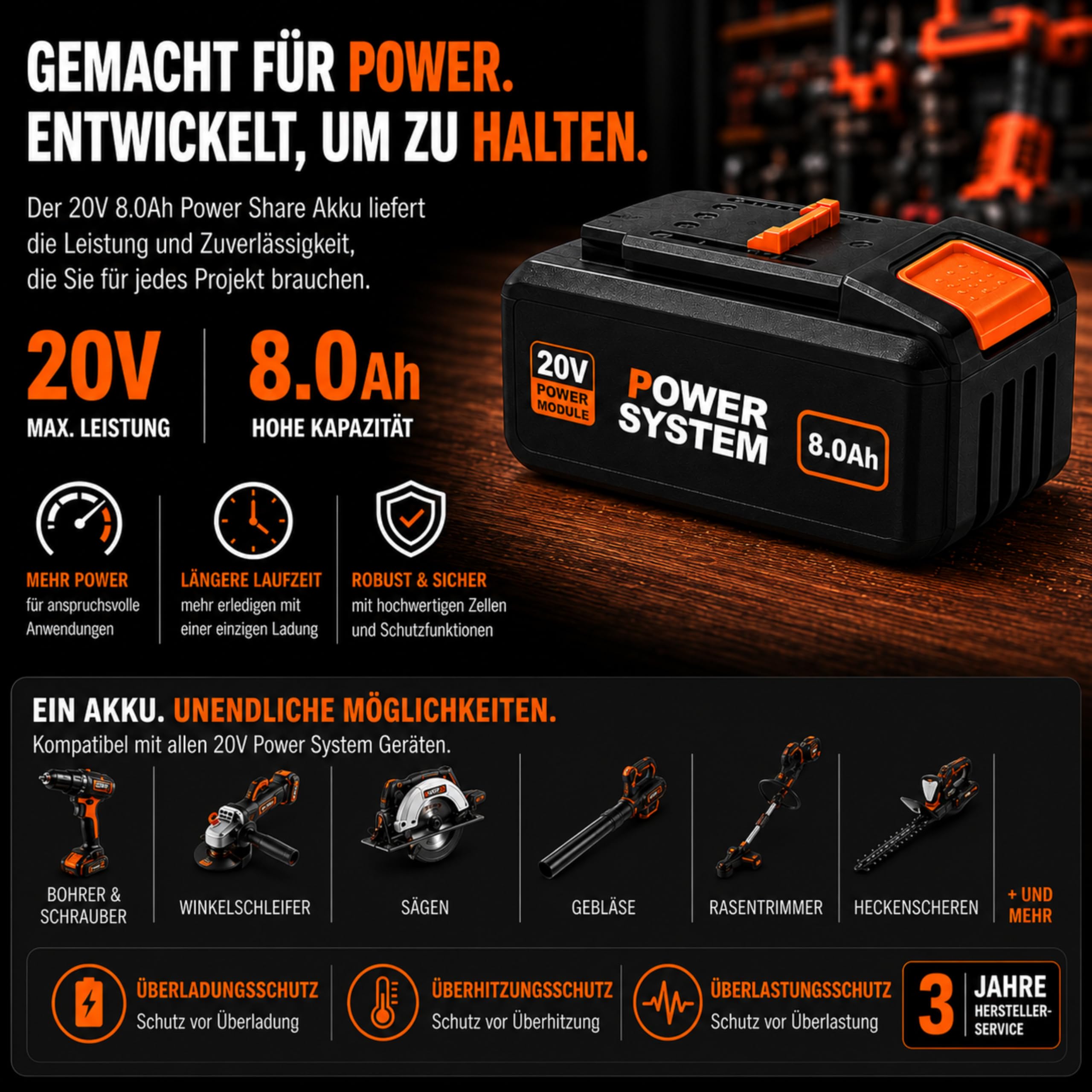 20V 8.0Ah Akku kompatibel mit Worx PowerShare WA3648 – Li-Ion Ersatzakku mit LED Anzeige – Hochleistungsakku für Worx 20V Elektrowerkzeuge – Lange Laufzeit