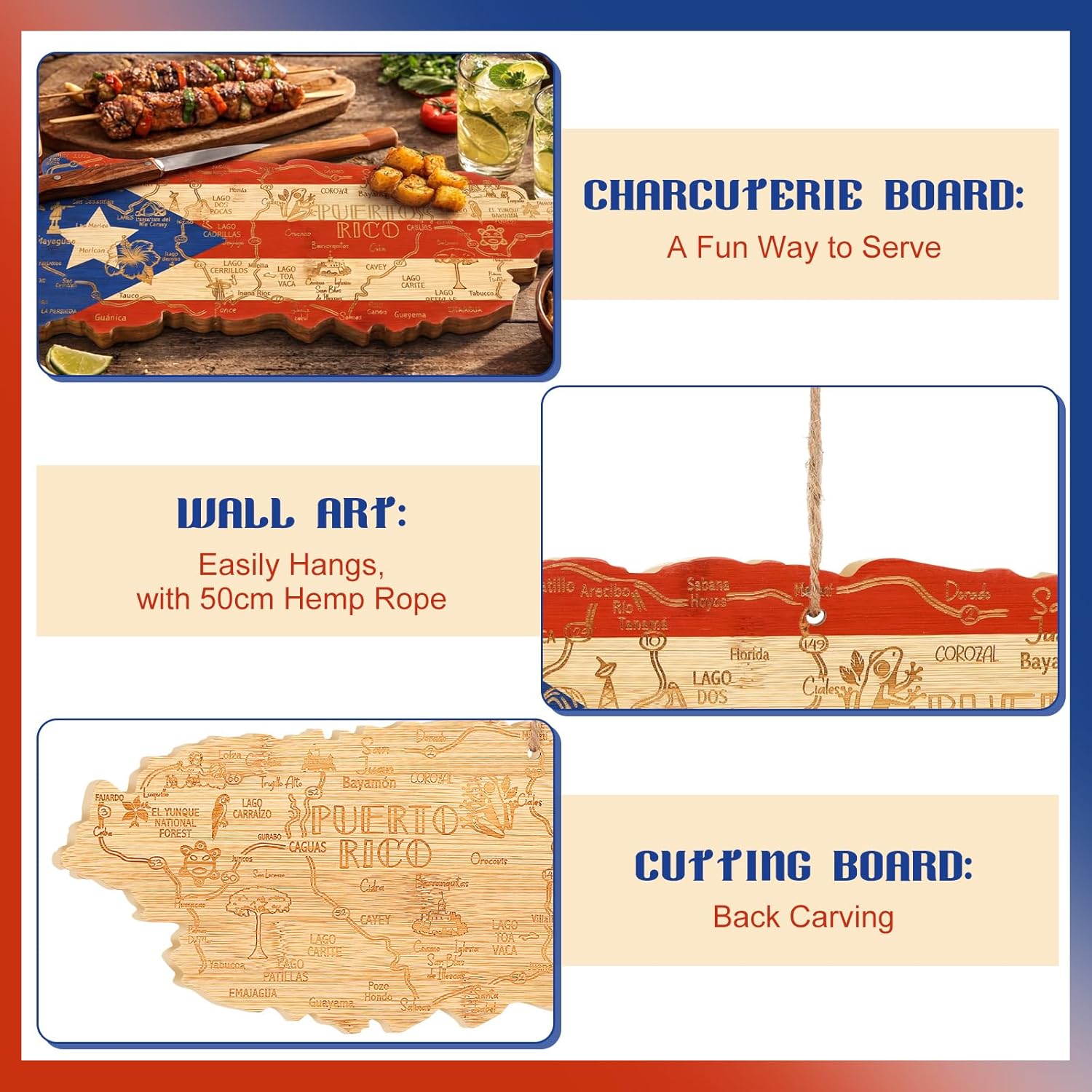 16" x 6" Puerto Rico Party Decoration Cutting Board Wooden Bamboo Puerto Rico Flag Destination Charcuterie and Serving Board with Hang Tie Pr State Heritage Gift for Kitchen Housewarming