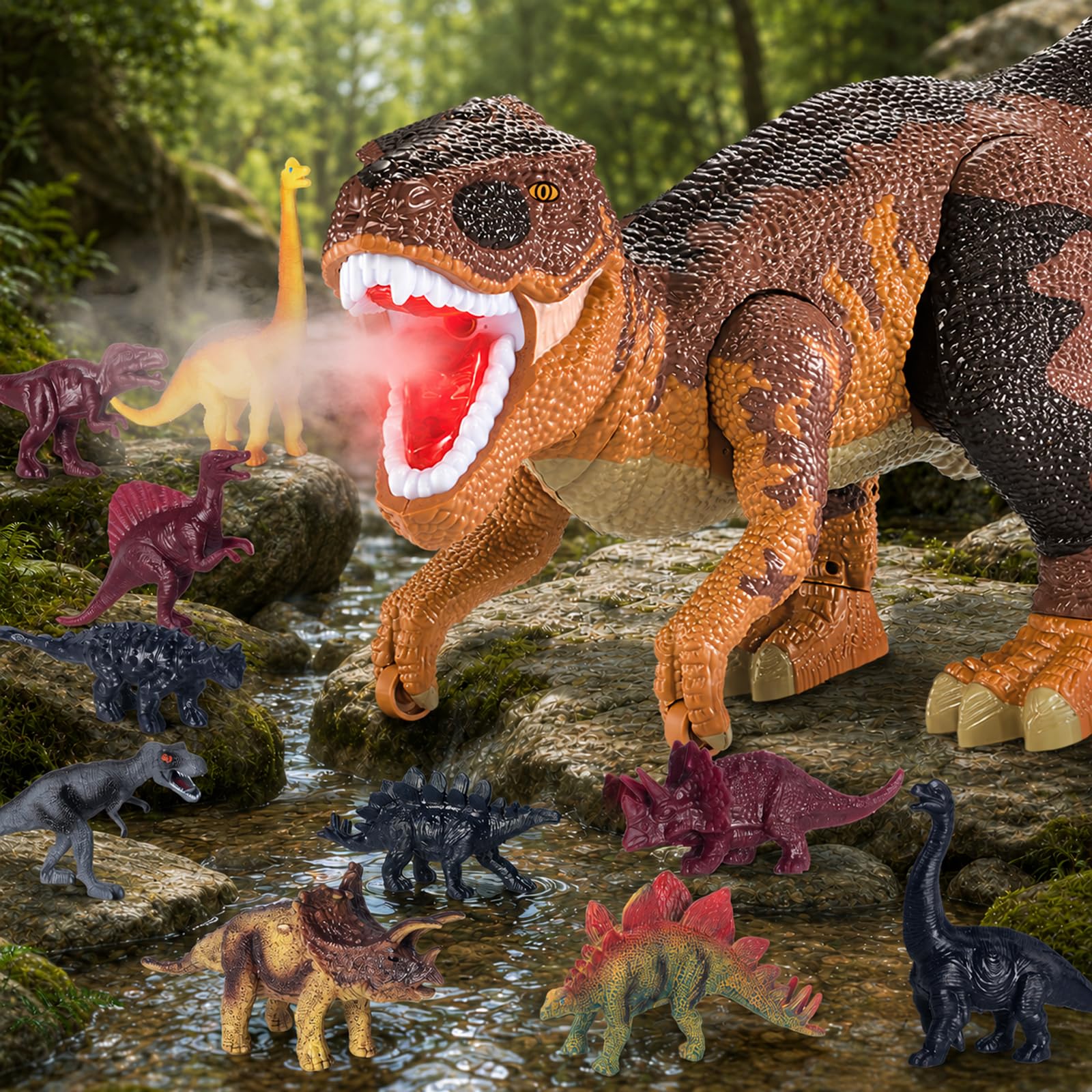Juguetes De Dinosaurios para Niños De 3 A 8 Años, Gran T-Rex con Almacenamiento Oculto, Set Completo con Figuras, Niebla Realista, Luces Y Sonidos, Movimiento Deslizante, Marrón