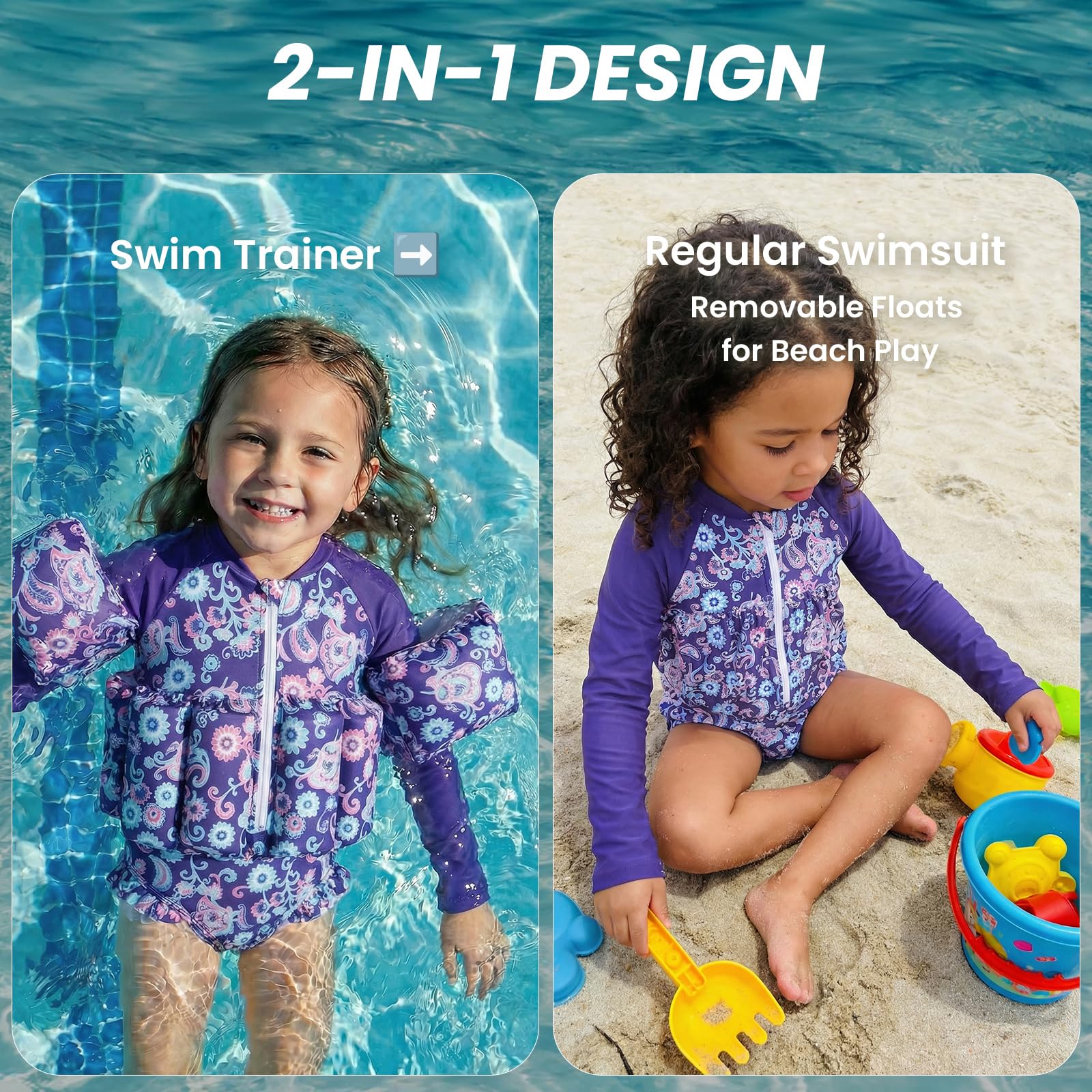 Maillot de bain pour bébé fille avec flottaison pour enfant - Aide à la natation - Maillot de bain à manches longues - Maillot de bain une pièce