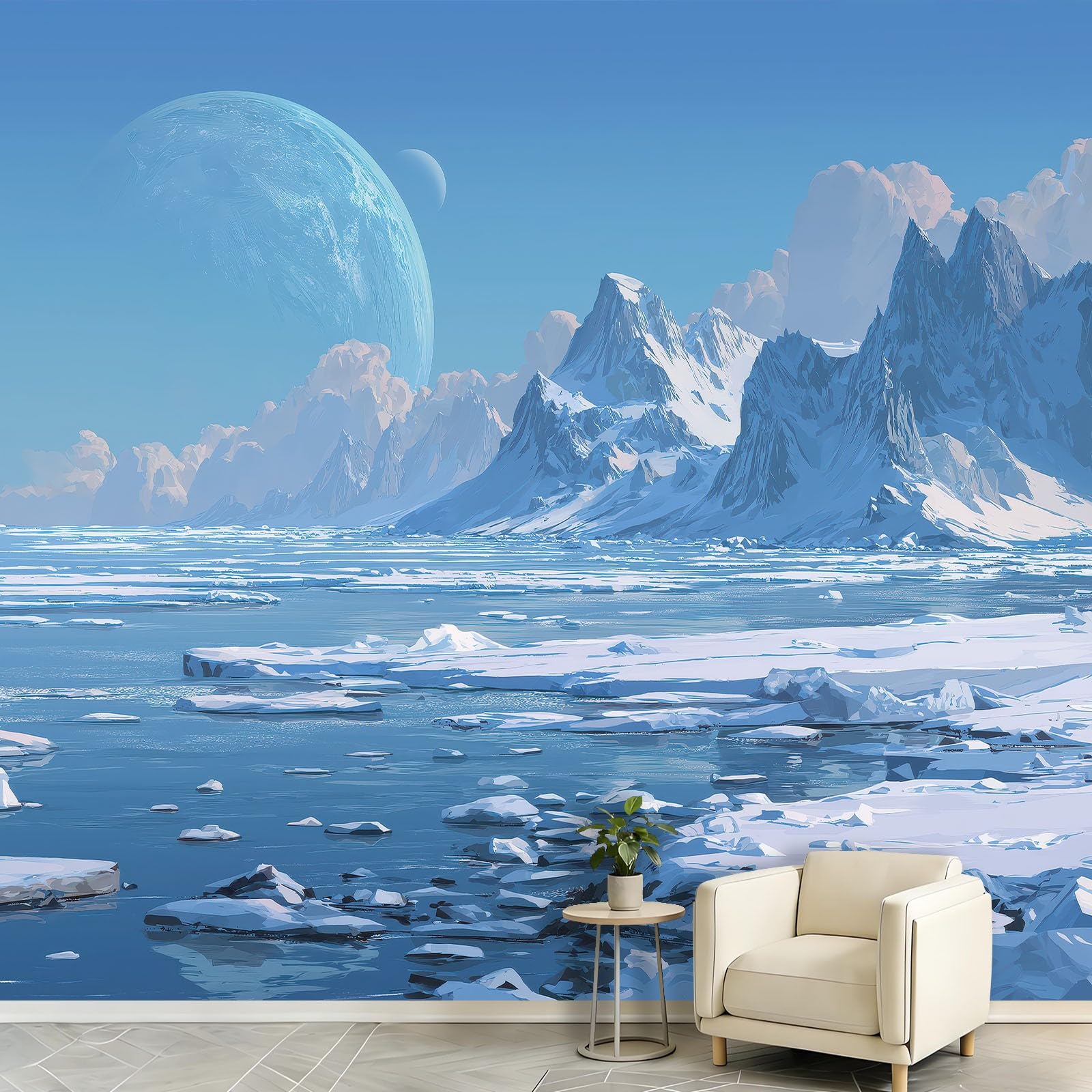 Panoramiczna tapeta z włókniny natura śnieżny krajobraz polar 200 x 140 cm - fototapeta dekoracja do salonu i sypialni, efekt 3D, śnieżna góra, lodowce, jeziora, niebo