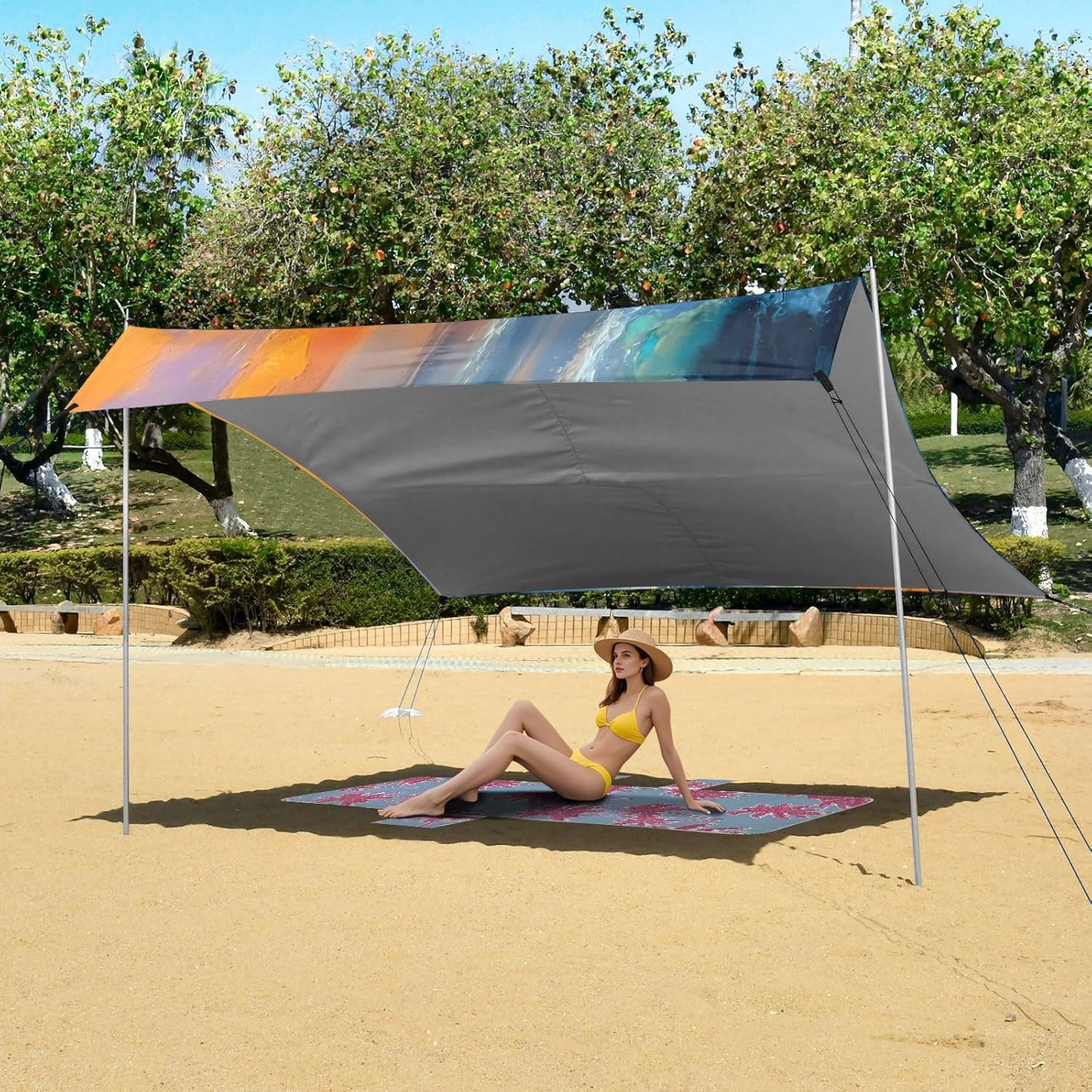 ALAZA Dolphins Surfing Beach Tent Sun Shelter UPF50+ Protection Beach Shade Canopy w/ 4 Sandbags for Outdoor Camping, Fishing, Backyard Fun, Picnic, 10x9 ft
