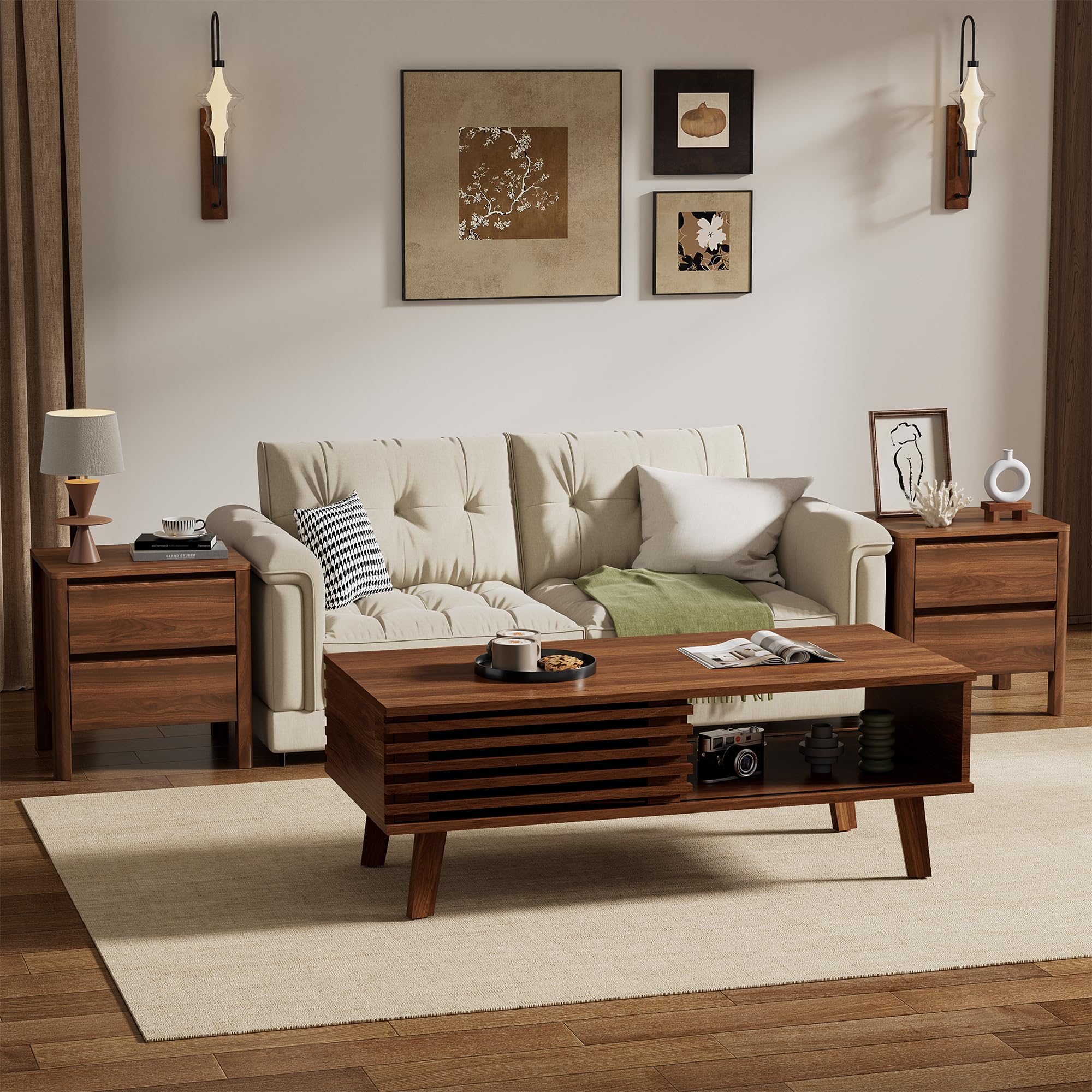 Furniway Mid Century Coffee Table Set, Living Room Table Set of 3 with Sliding Door Storage, Coffee Table and 2 End Tables, Walnut