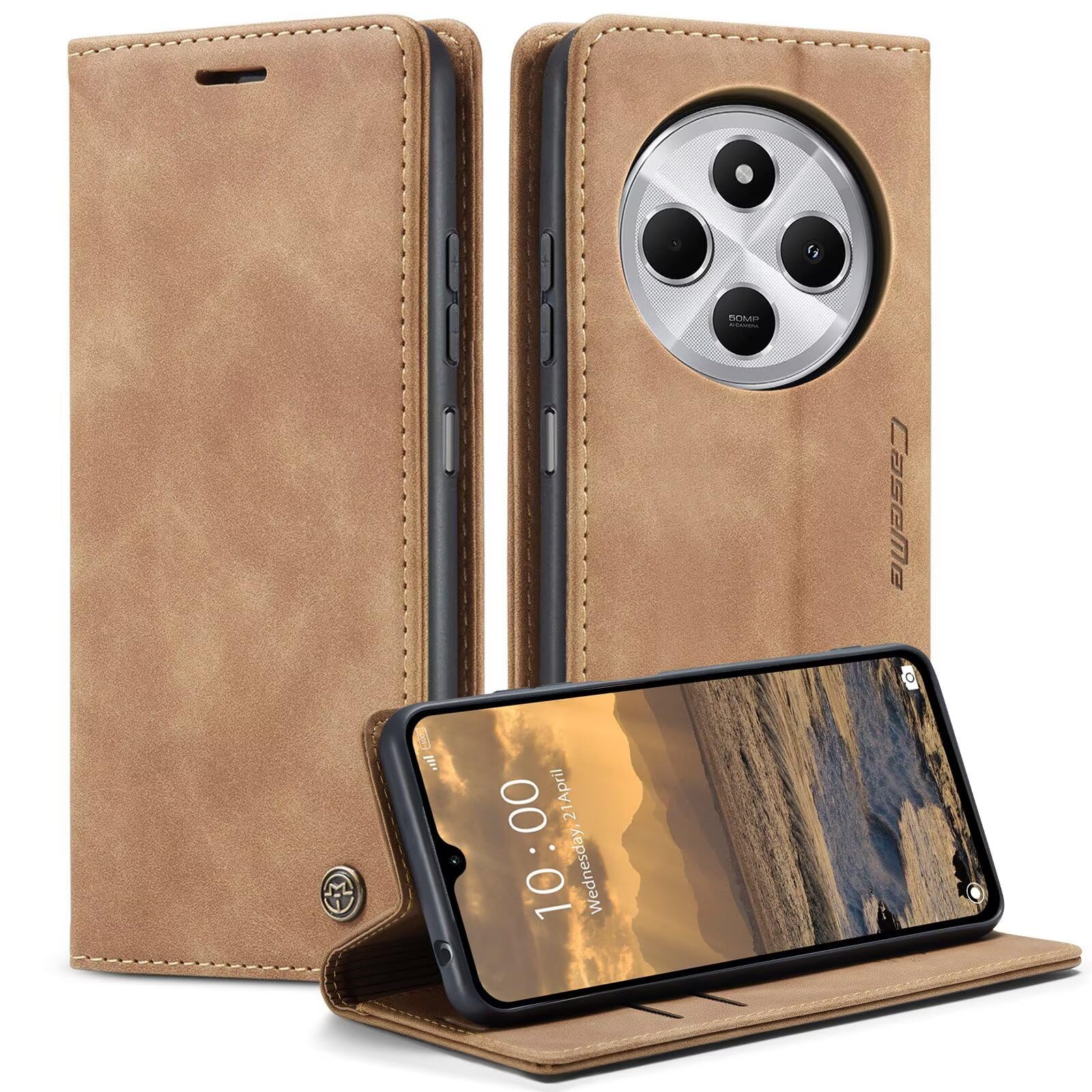 Real Leather Case For Redmi 14C Premium Wallet Case with [Kickstand] [Card Slots] [Magnetic Closure] Flip Notebook Cover Case for (Redmi 14C Brown)