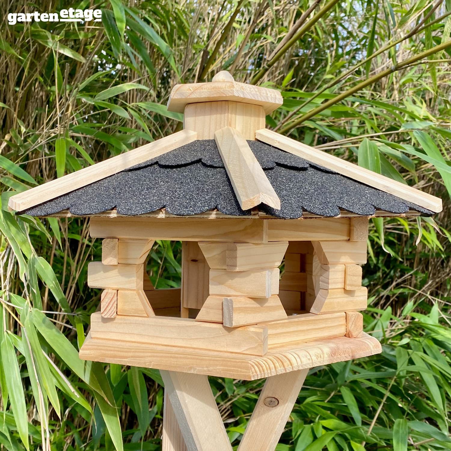GARTENETAGE Futterhaus Skandinavia mit Futtersilo für Vögel/massives Vogelhaus aus Holz, wetterfest/Vogelhäuschen für Balkon und Garten, handgefertigt/Futterhaus für Vögel - Farbe Natur