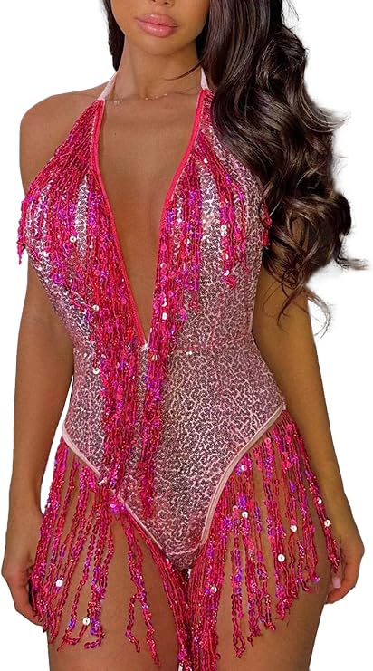 Vxuxlje Women's Sequin Fringed Bodysuit Crisscross Halter Neck Backless High Cut Leotard Clubwear