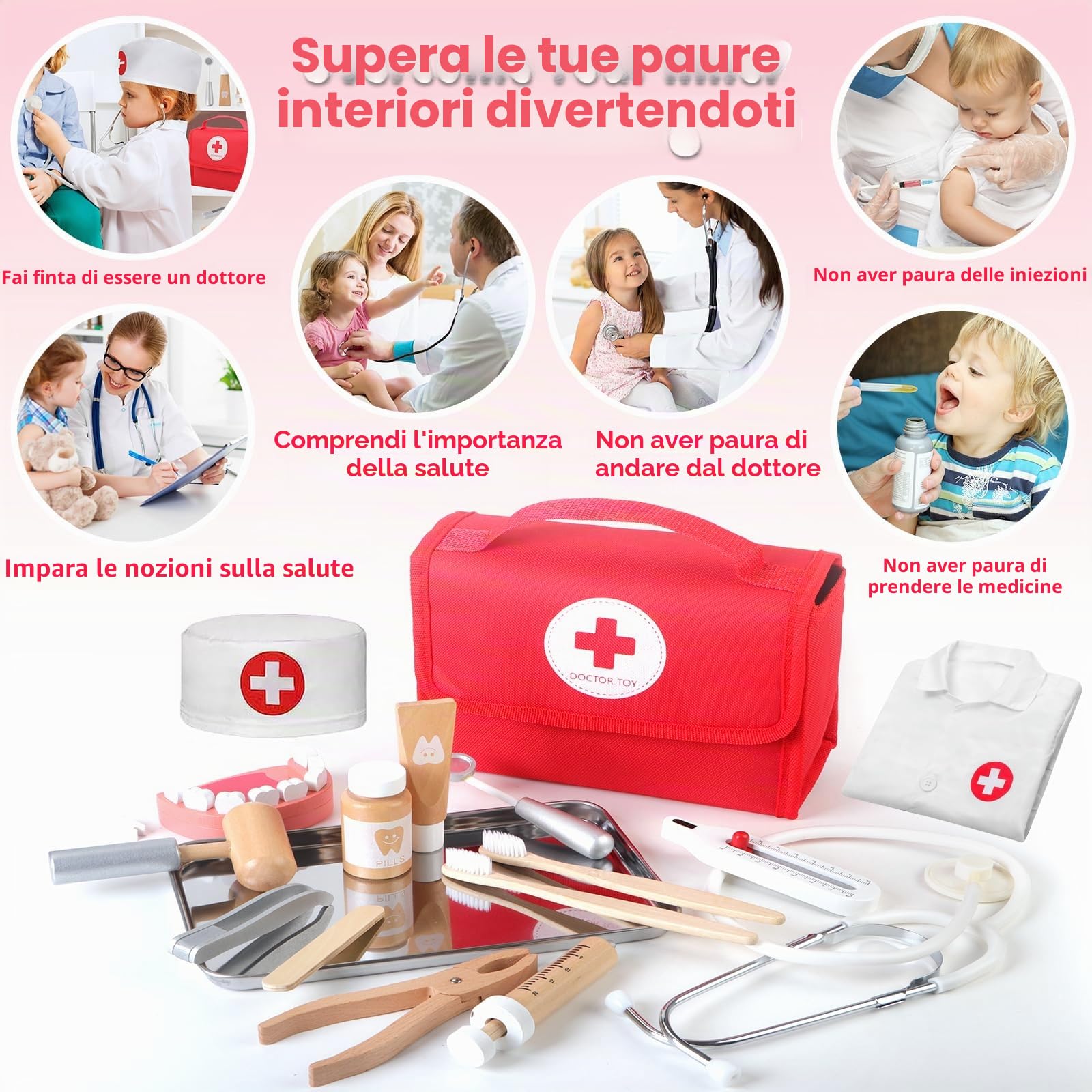 Mardo Valigetta Dottore Bambini Legno con vero Stetoscopio Borsa Dottore Gioco Dottoressa Bambina Attrezzo Medico Giocattolo Bambina a Partire dai 3 4 5 6 Anni