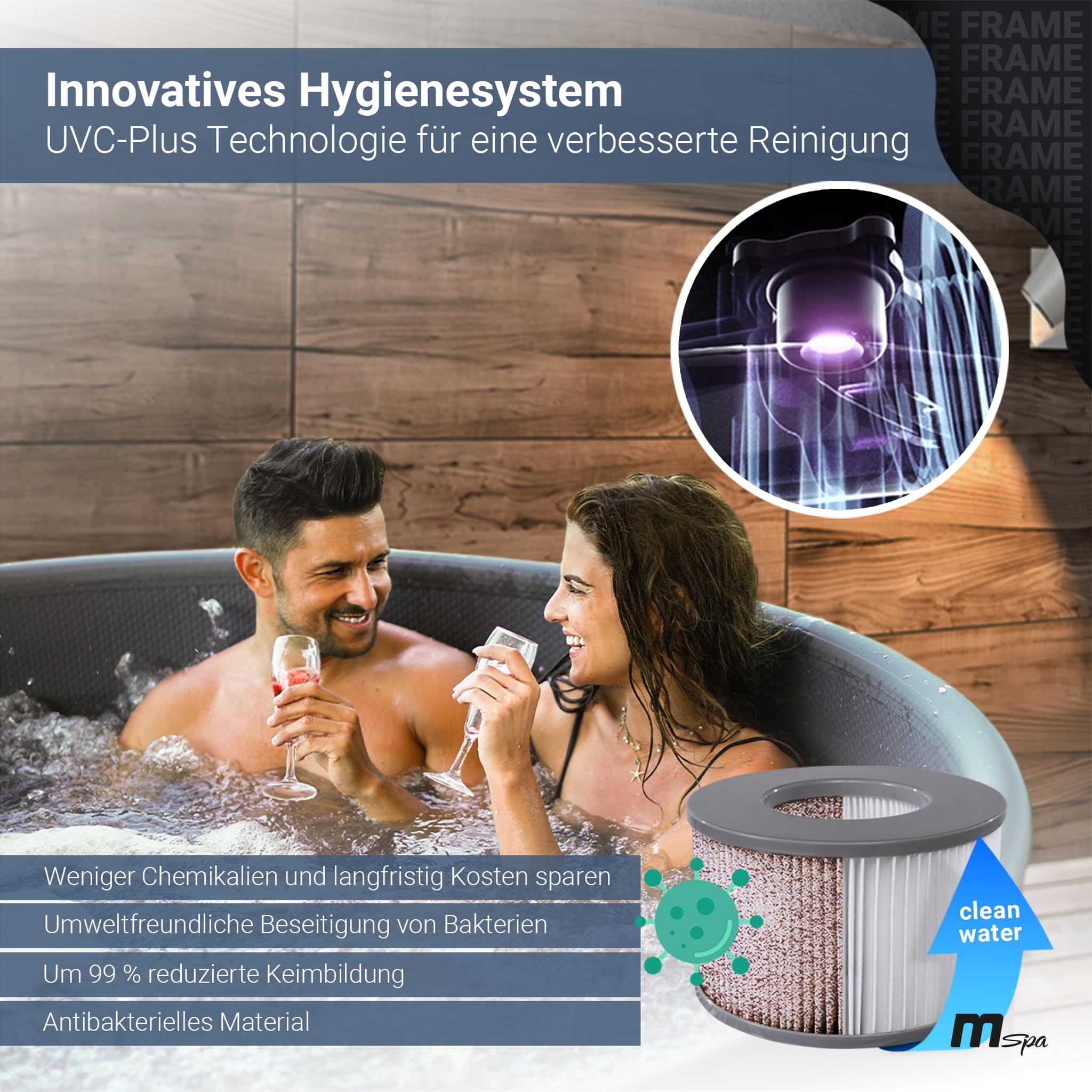 Miweba MSpa Whirlpool Outdoor | Frame Mono 6 Personen Pool - Aufstellpool mit smarter App Steuerung - UVC+ Wasserreinigung - Spa ⌀ 173.0 cm - Hot Tub - Aufblasbarer Whirlpool - Swimmingpool aufblasbar