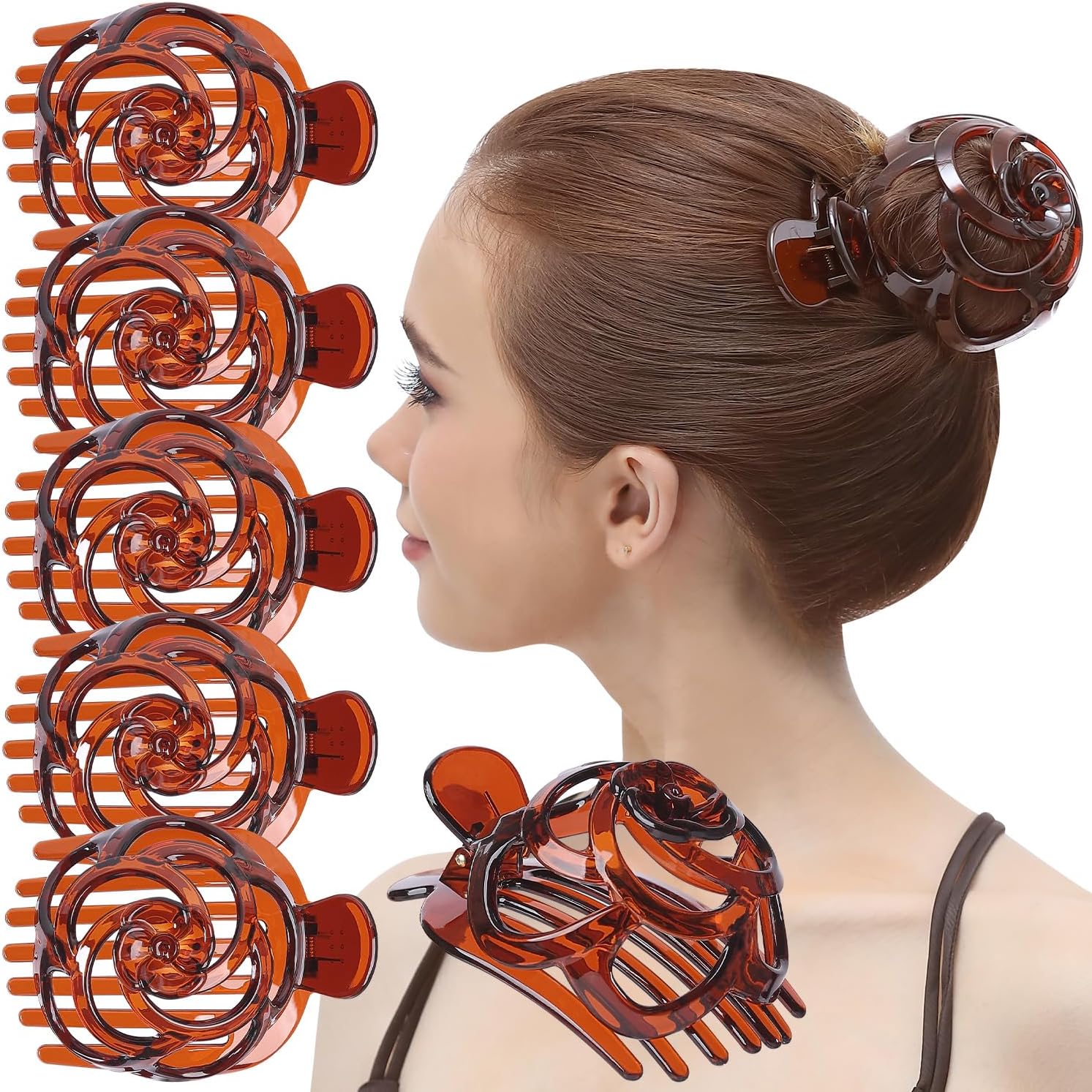 RC ROCHE 6 Pcs Bun Makers for Womens Hair Claw Clip for Updos Bird Nest Ballet Ballerina Piece French Round Holder Net Donut Shell Dome Jumbo Extra, Large Brown