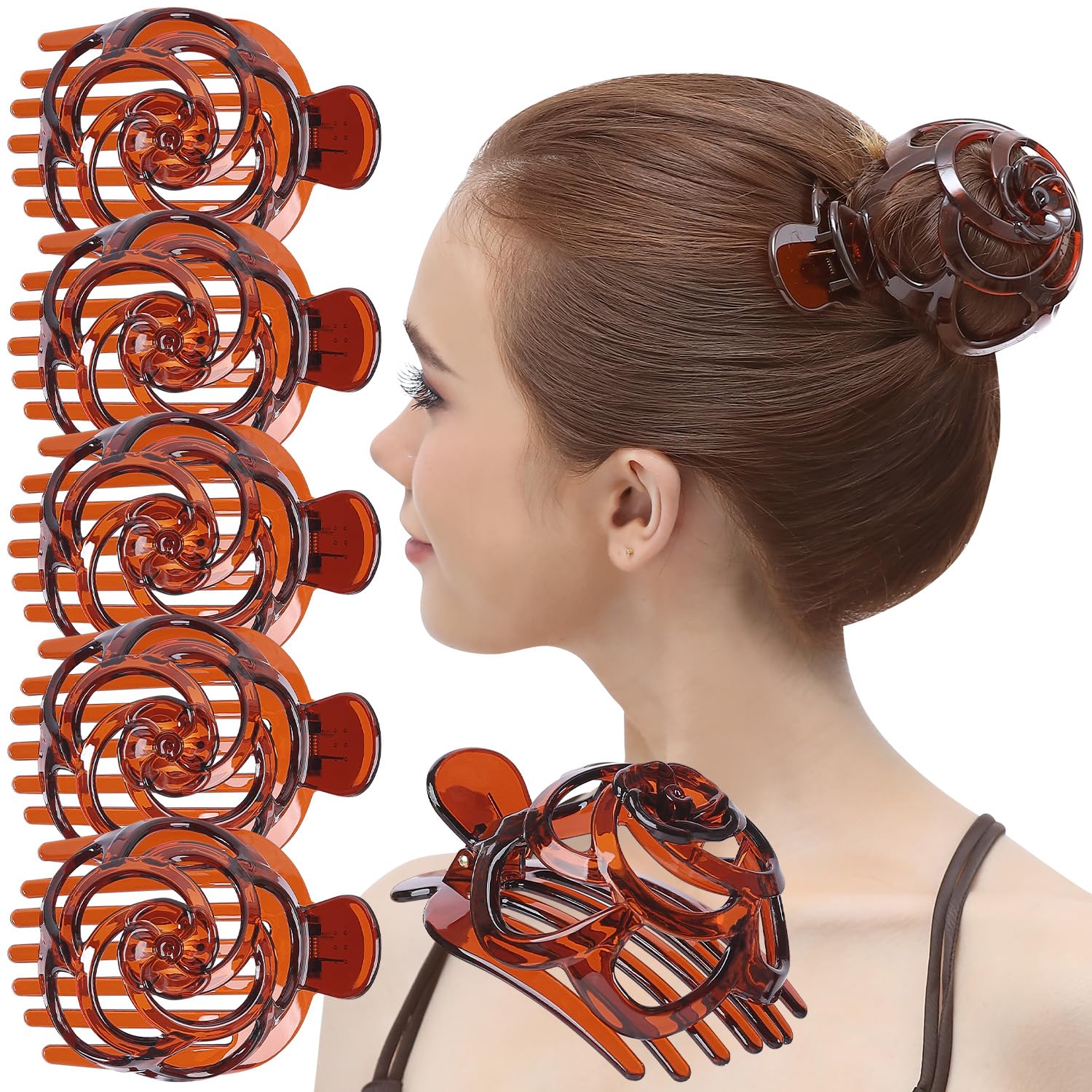 RC ROCHE 6 Pcs Hair Bun Maker Clip for Women Updo Holder Ballet French Claws Bird Nest Pieces Tools Accessories Plastic Shell Round Dome, Large Brown