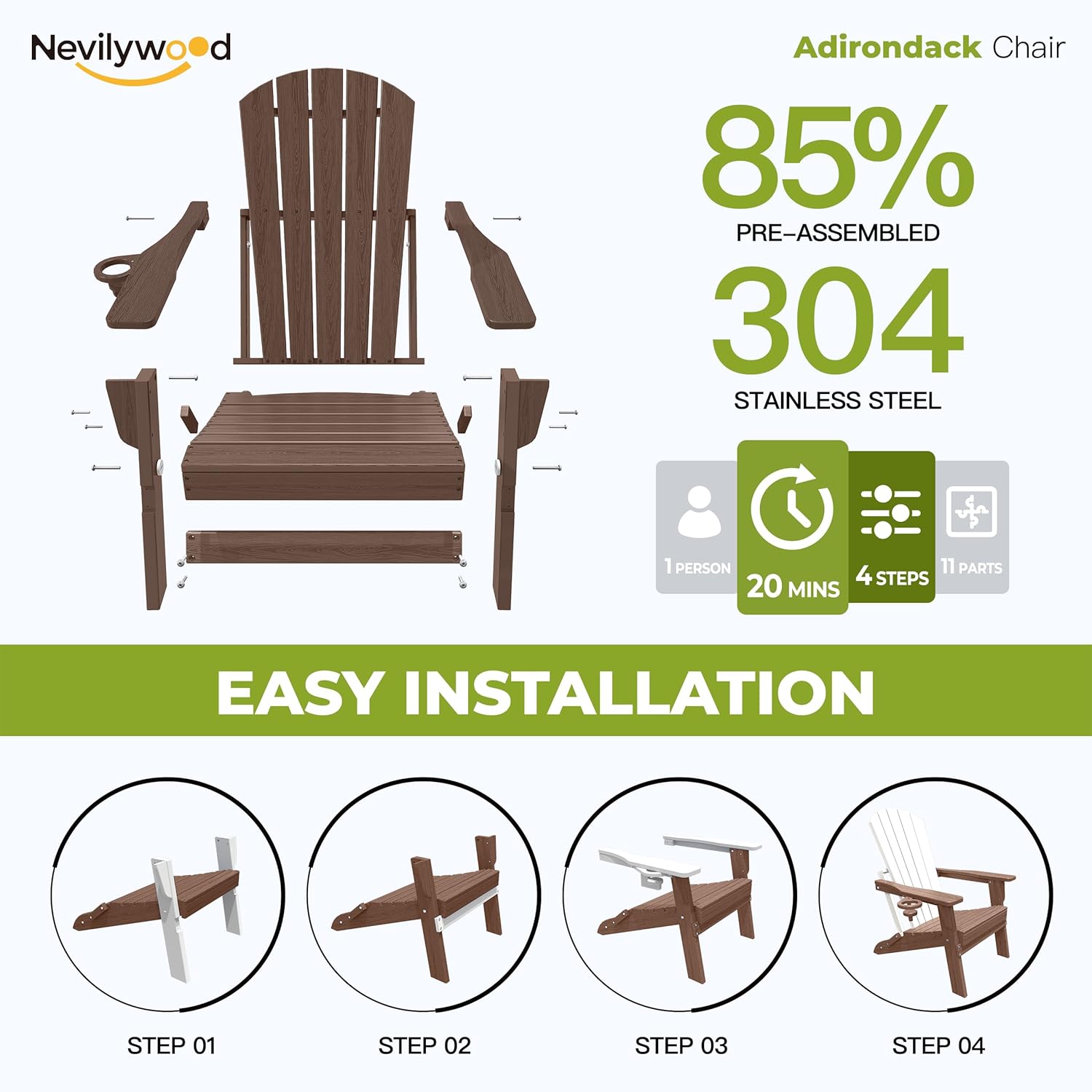 nevilywood Folding Adirondack Chair with Cup Holder, HDPE Patio Chairs, All-Weather Outdoor Chairs for Backyard, Deck, Fire Pit-Coffee - Image 7