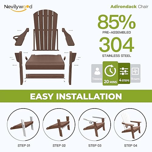Miniatura 7 de nevilywood Silla plegable Adirondack con portavasos, sillas de patio de HDPE, sillas para exteriores para todo clima para el patio trasero, terraza,
