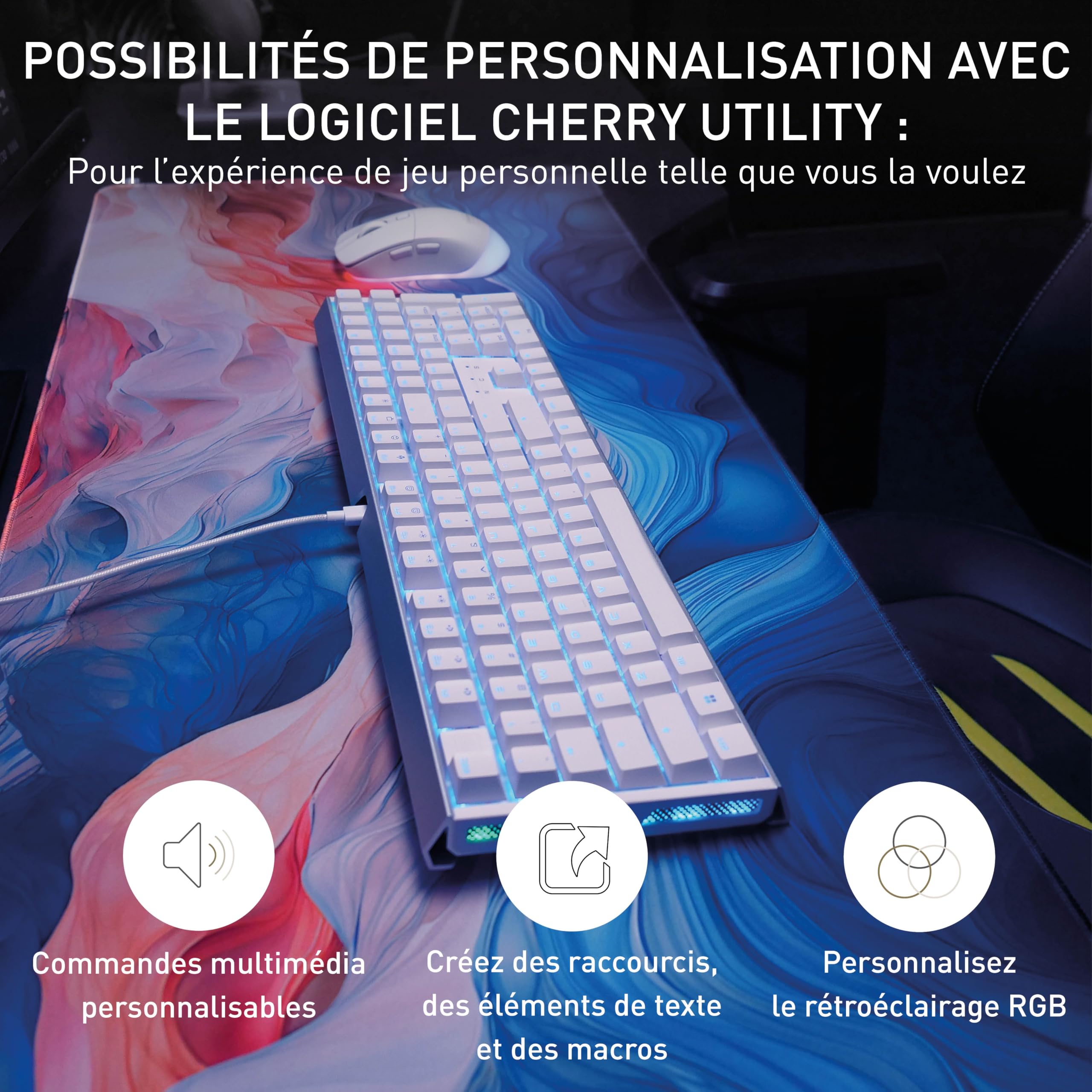 CHERRY XTRFY MX 3.1, clavier de jeu mécanique, disposition pan-nordique (QWERTY), rétro-éclairage RGB, boîtier alu, port USB-A, MX2A RED Switches, blanc