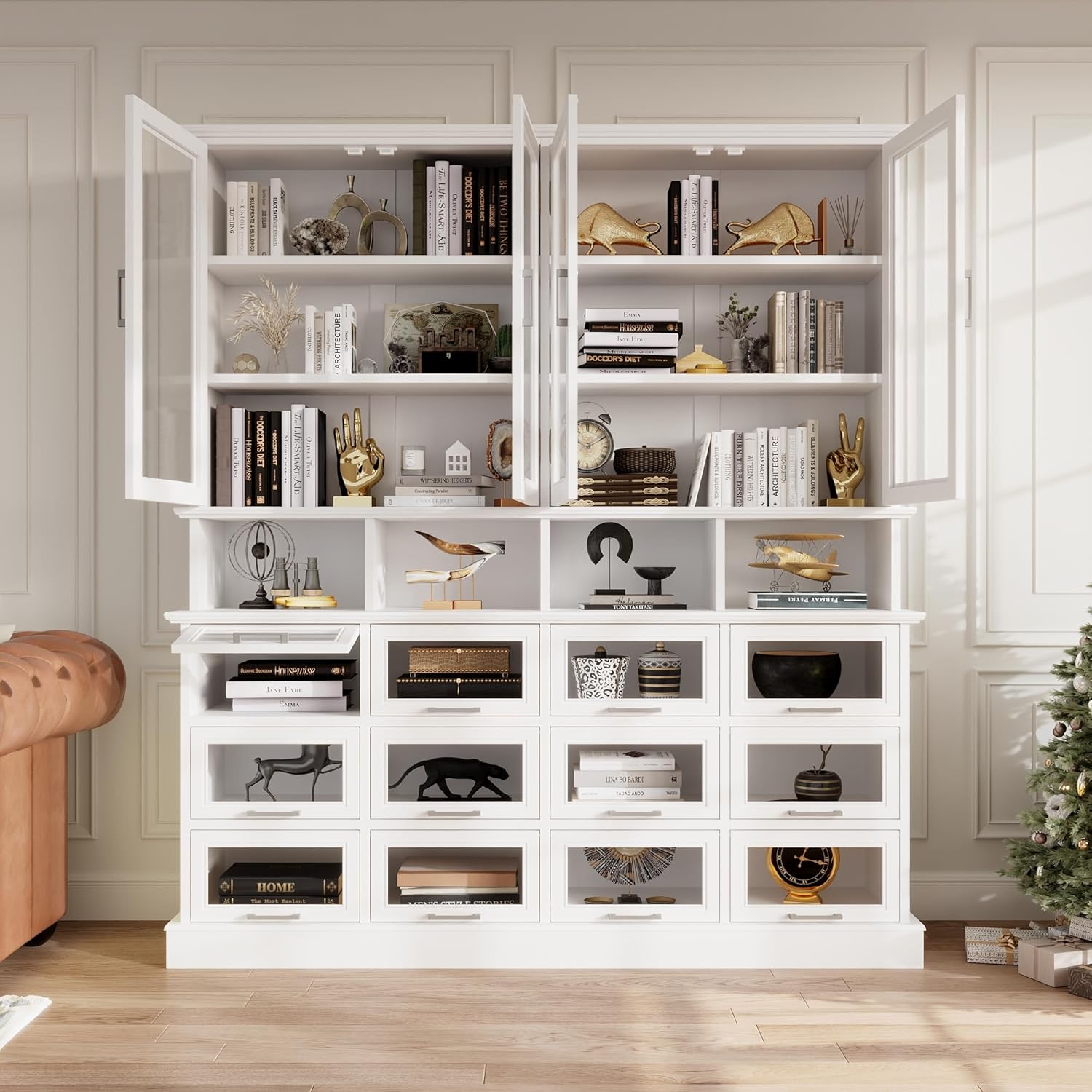 WOODTIME 78.7" H 7-Tier Display Cabinet with Flip-up Glass Doors, Modern Curio Cabinet Pantry with 22 Storage Compartments for Home Office Living Room, White