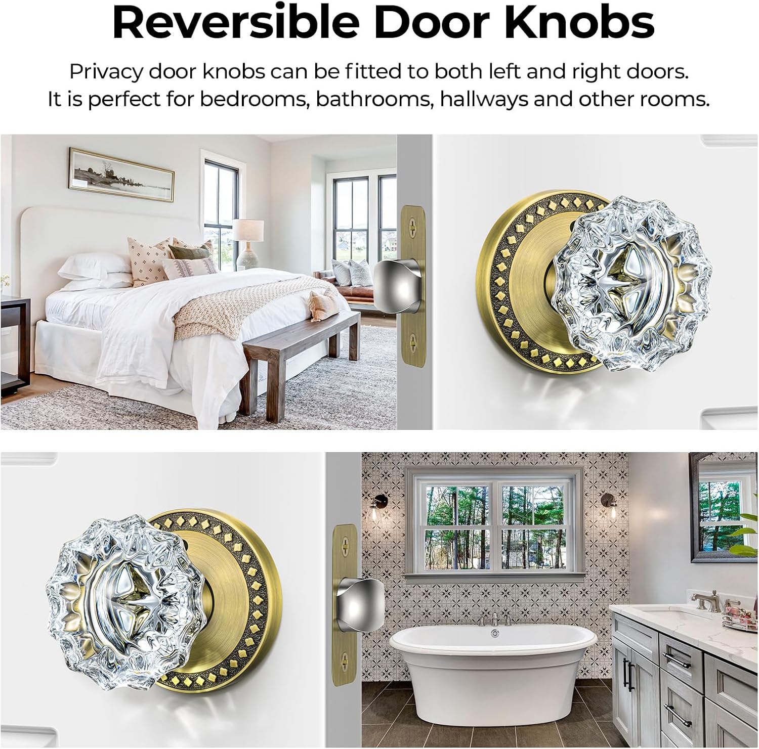 Glass Door Knobs with Lock, Antique Brass Crystal Door Knobs Interior for Privacy Use, Rosette Vintage Crystal Doorknob for Bathroom & Bedroom, 1 Pack
