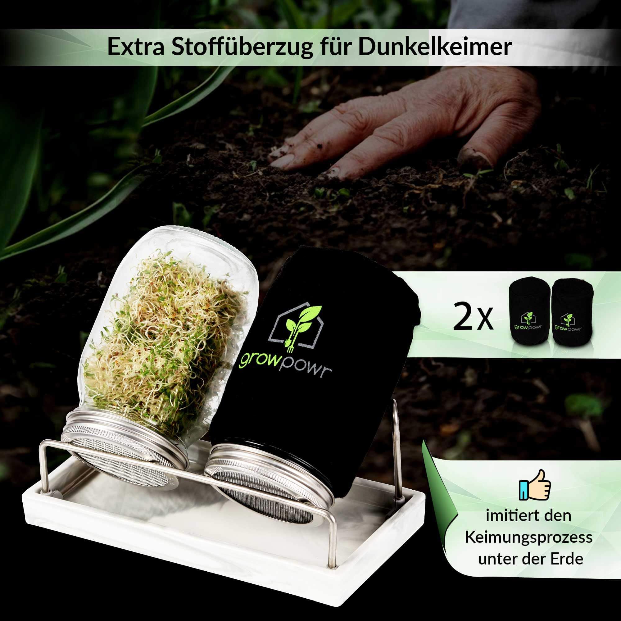 Bio Sprossenglas 2er Set-Keimglas 950ml inkl. 2X Abdunklungshüllen, 1x Keramikschale & Anleitung - Rostfreier Edelstahl - Sprossenzucht