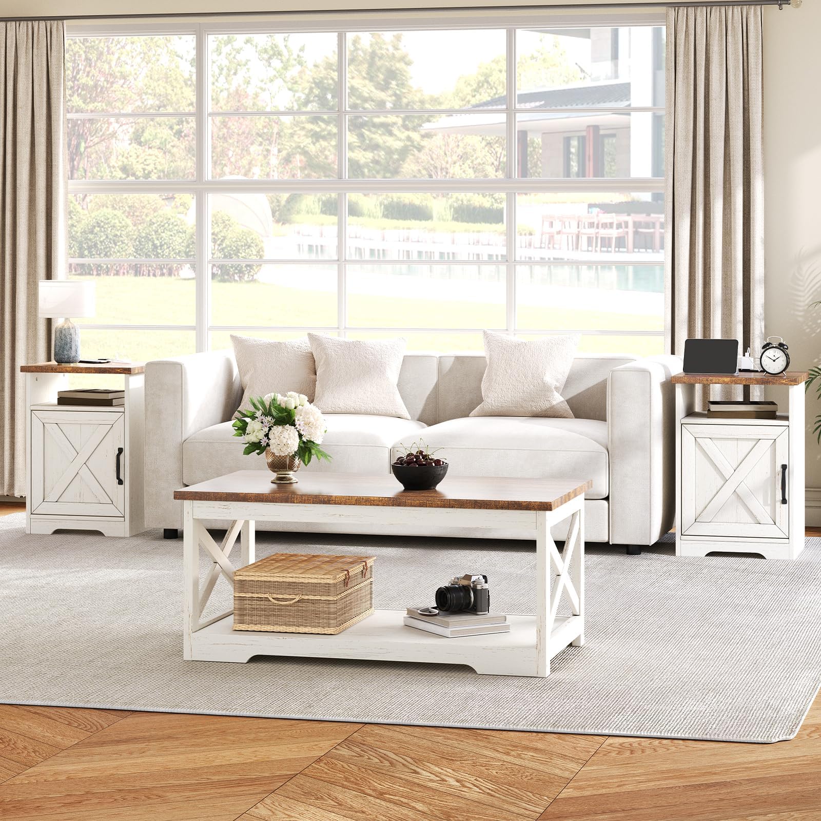 AMERLIFE 3-Piece Farmhouse Table Set Includes Coffee & Two End, Side Table with Charging Station and USB Ports, for Living Room, Bedroom, Distressed White