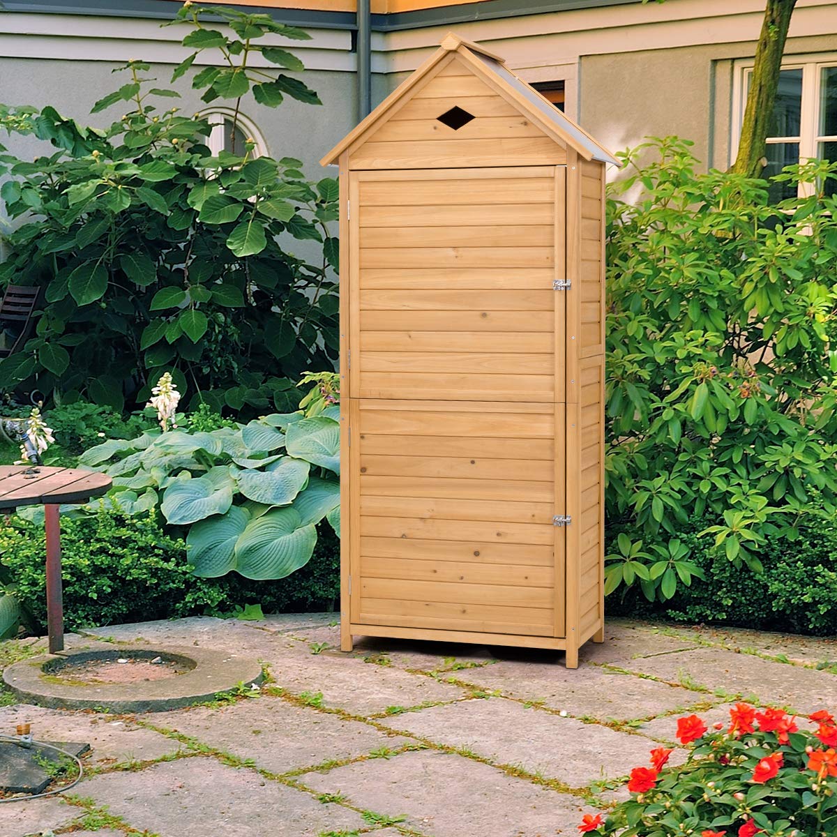 HOMASIS Casetta da Giardino in Legno, Casetta Porta Attrezzi Impermeabile con 5 Ripiani, Capanno da Giardino con Tetto Zincato e Serratura, Armadio da Esterno, Balcone (80 x 45 x 177 cm)