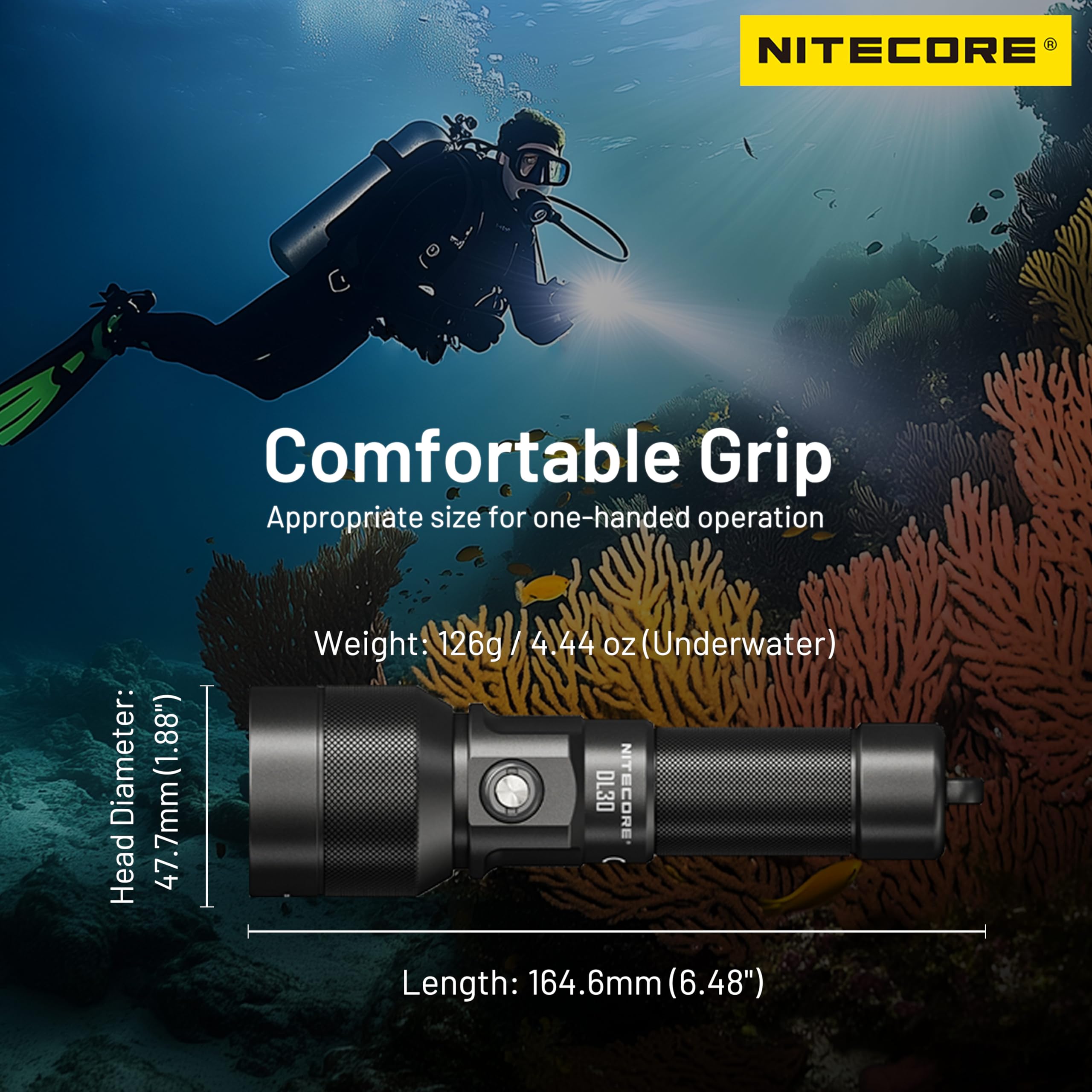 Nitecore DL30 Lampe de plongée submersible 100 mètres 1100 lumens 5300 mAh batterie IP68 étanche lampe de poche sous-marine