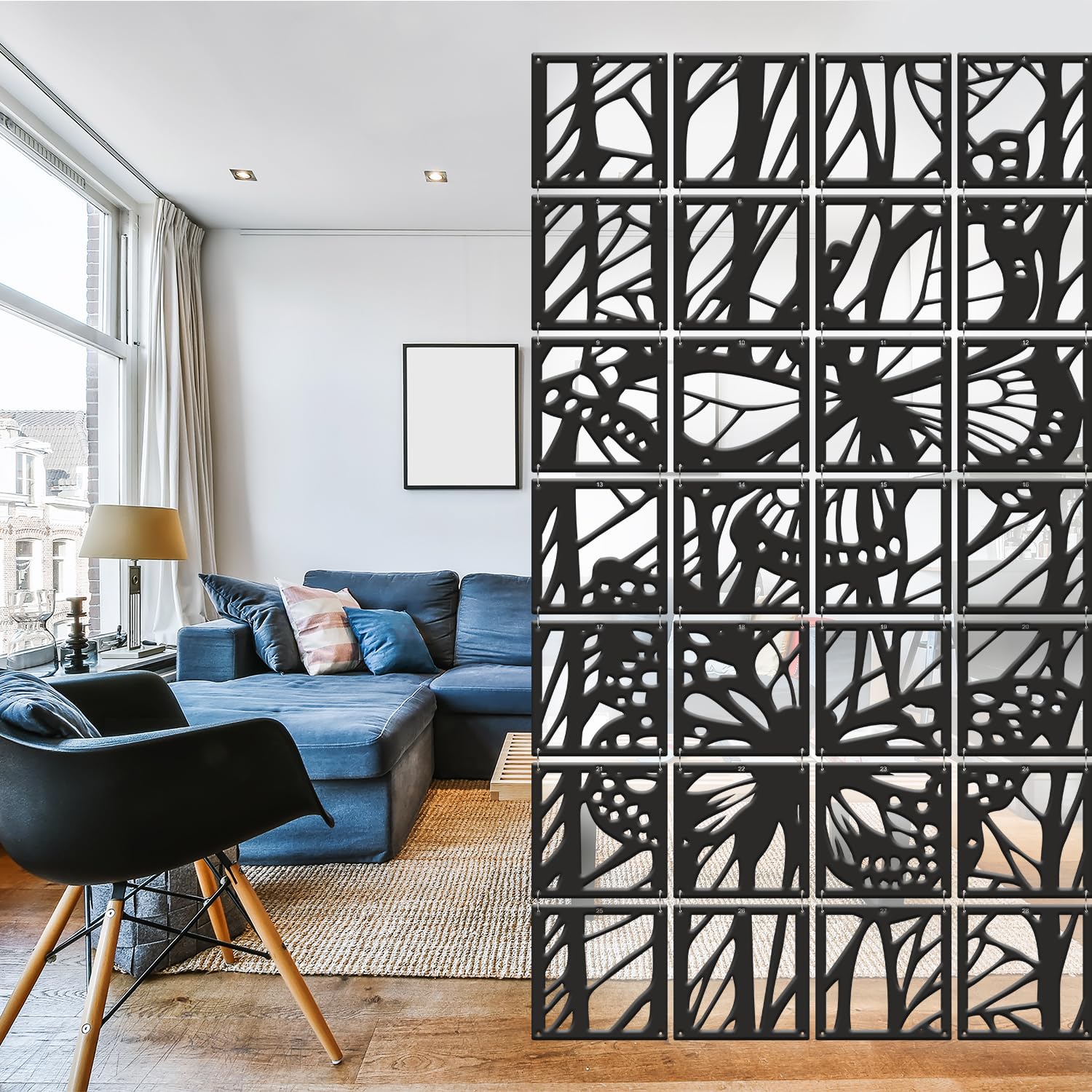 OLIVE TREE Room Partitions Hanging Room Divider Panel Modern Hanging Screen Partition for Decorating Bedding, Dining, Study and Living -Room, Hotel - Black ((11.5inch X 11.5 inch) X 12 Panels) 6155-image-27