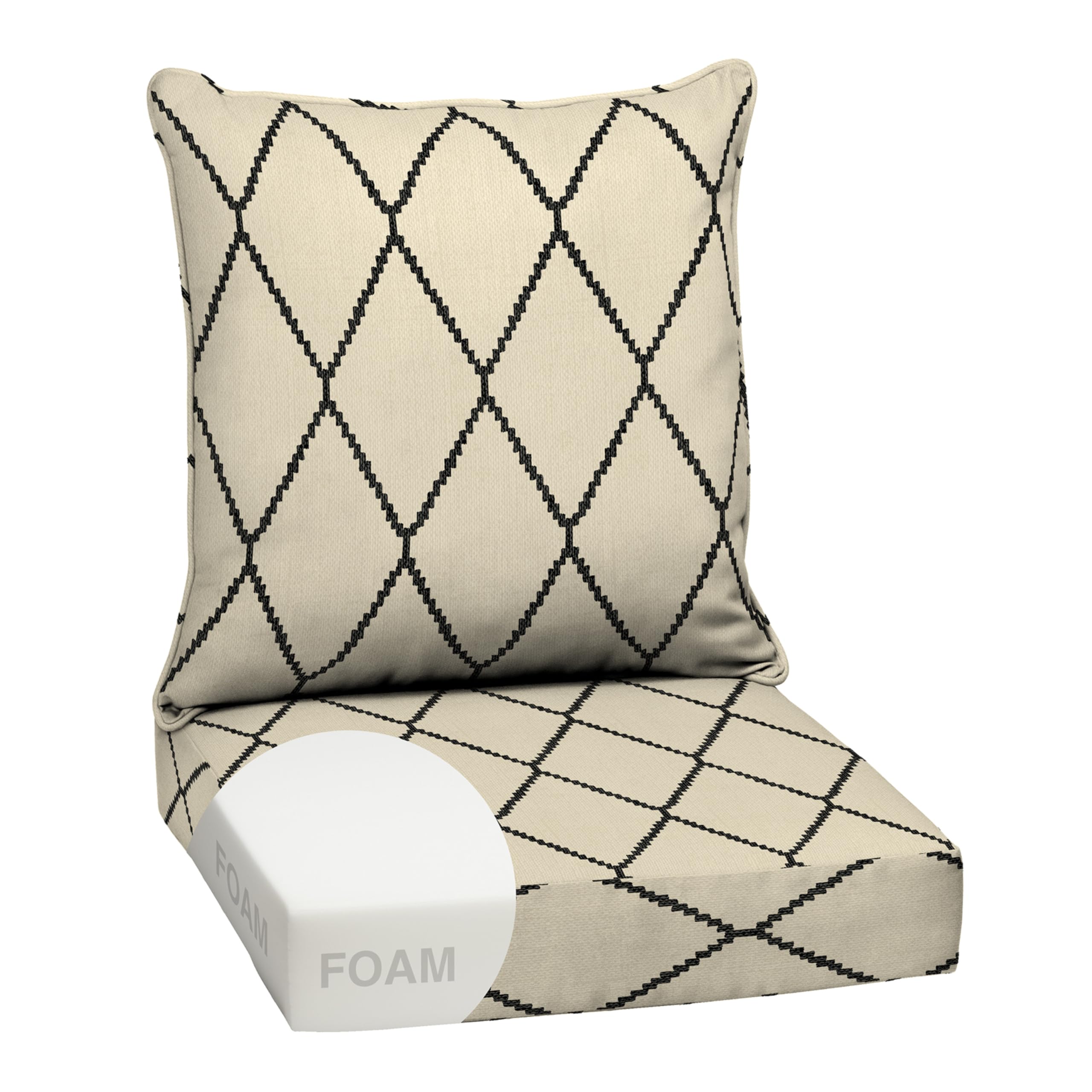 Arden Outdoor Foam Deep Seat Cushion Set, 24 in x 24 in, Weather-Proof, Rain-Proof, Fade Resistant Patio Cushion, Bottom and Back Cushion for Chair, Sofa, and Couch Tan Diamond Trellis — image 1
