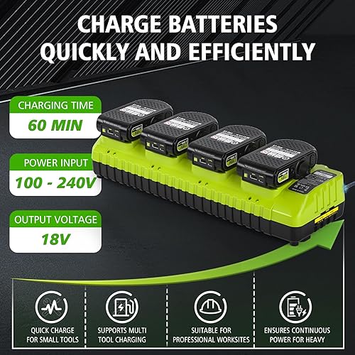 Miniatura 4 de Reemplaza la estación de carga multibatería Ryobi de 18 V y 4 puertos con USB dual, compatible con batería Ryobi de 18 V y soporta carga rápida para