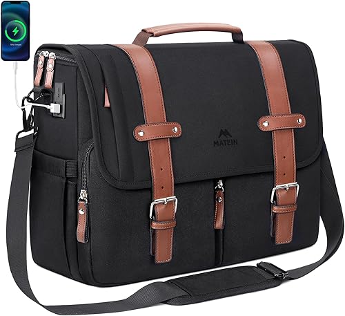 MATEIN Bolsa tipo mensajero con puerto de carga USB, bolsas para laptop de 15.6 pulgadas, maletín grande para hombre con correa para el hombro,