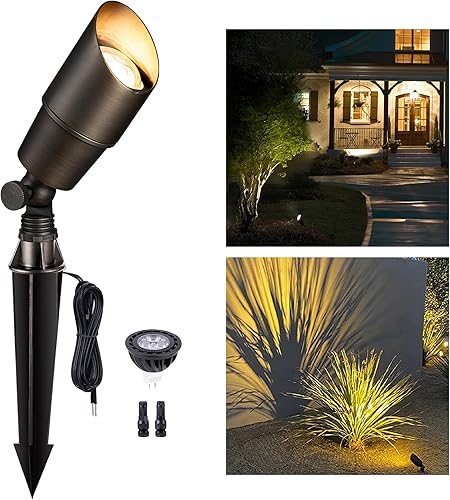 Gardenreet Mini foco de paisaje de latón macizo, 12 V, bajo voltaje, iluminación LED para exteriores con bombilla LED MR16 de 5 W, 2700 K, blanco