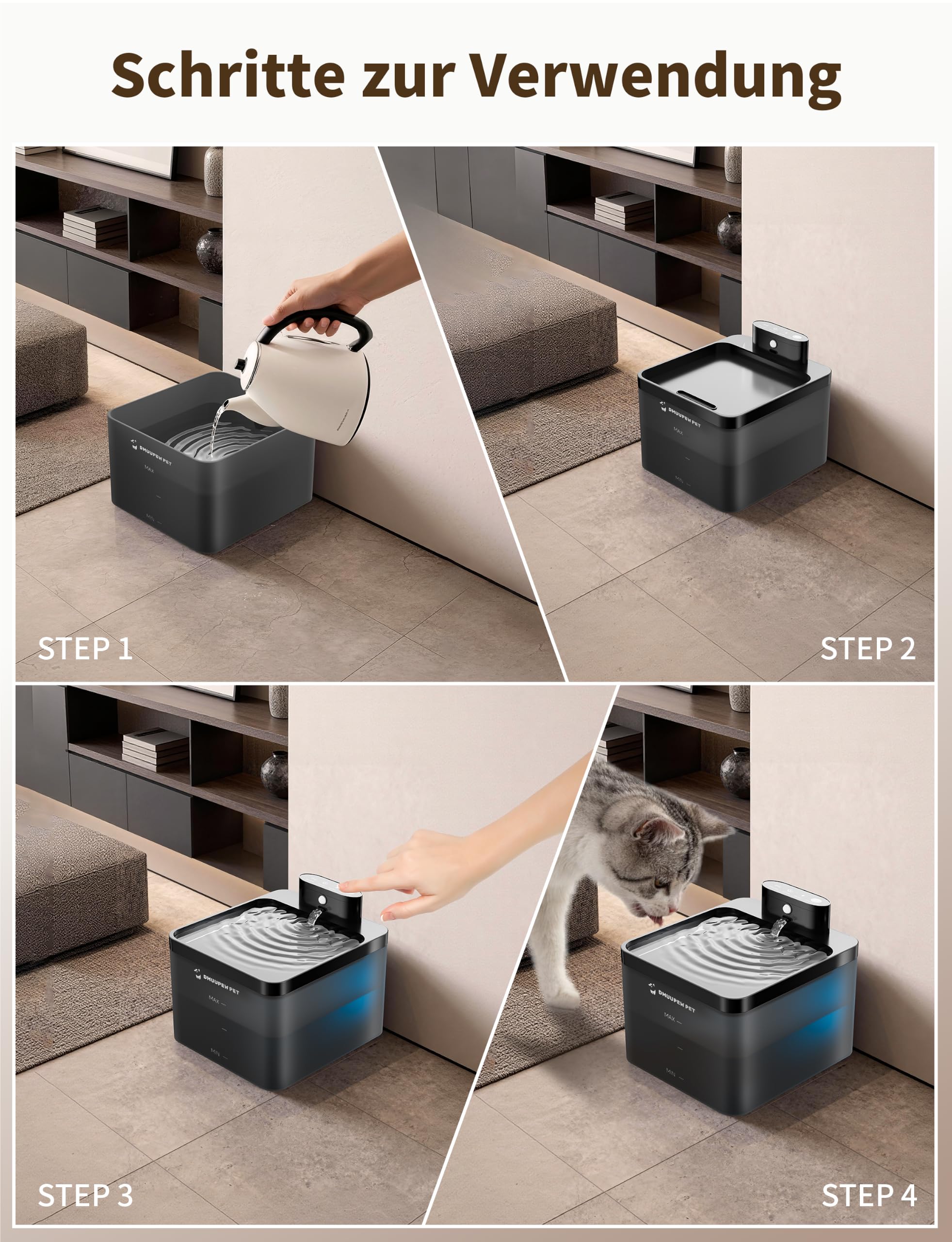 Katzenbrunnen, 2,2 L, kabellos mit LED, Bewegungsmelder, leise Pumpe 30dB, Batterie 2600mAh, Premium-Filtration