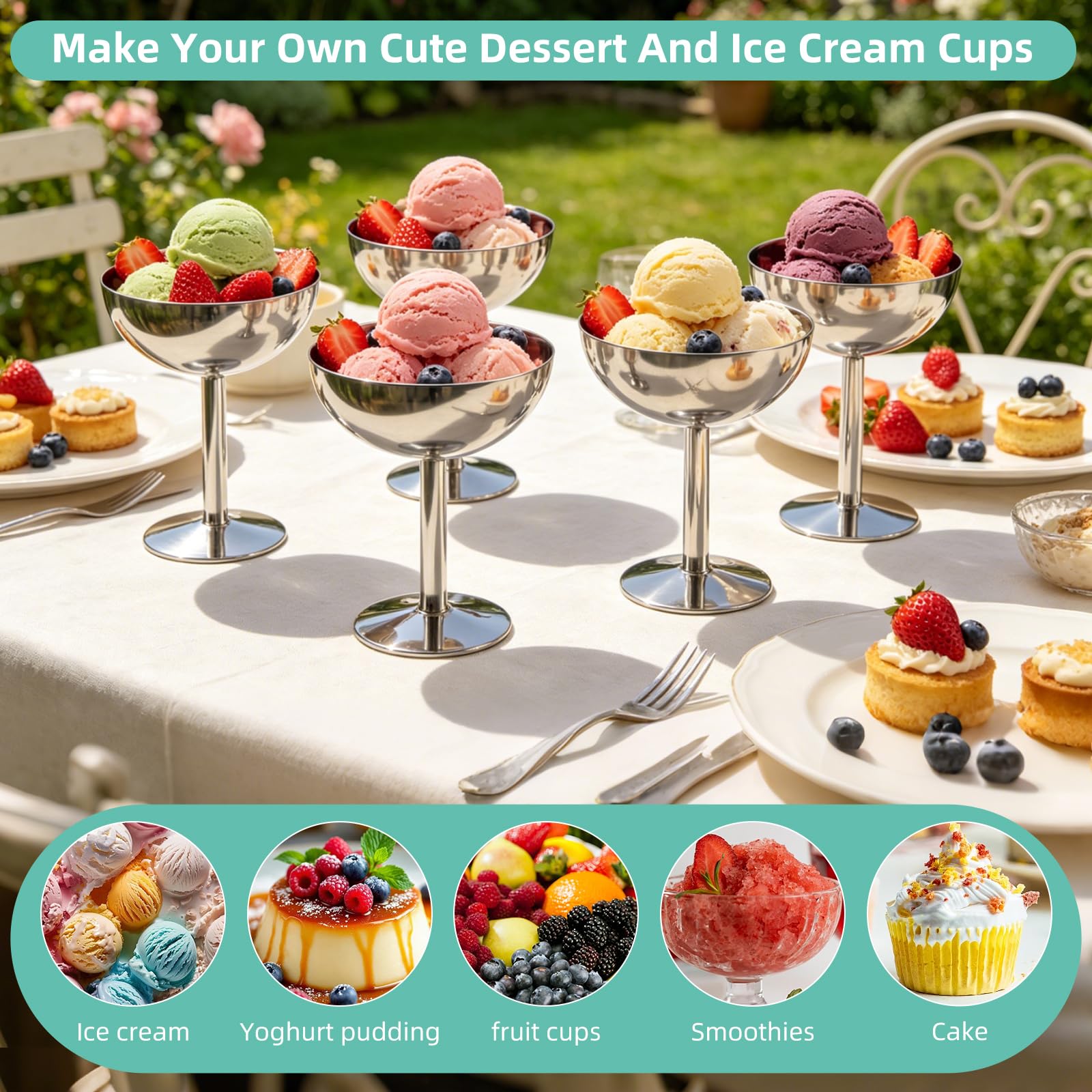 4 bicchieri per gelato in acciaio inox (Ø 9,8 cm/190 ml), con piedino, Ice Cream Sundae, per frutta, insalata, yogurt, budino di frutta, per matrimoni, feste, ristoranti, caffetteria
