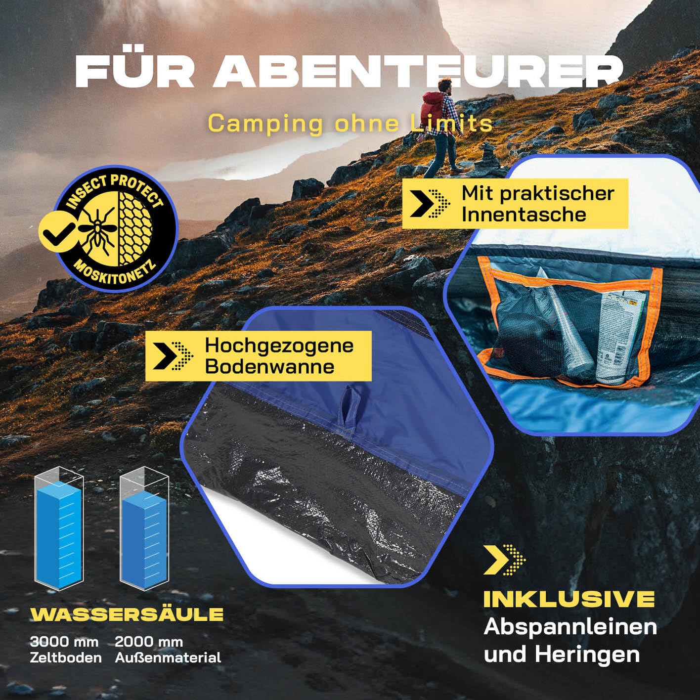 Lumaland Camping Zelt | Leichtes Pop Up Wurfzelt | 2-3 Personen Kuppelzelt | Trekking & Festival Igluzelt | Sekundenzelt Wasserdicht 210x190x110cm | Ideal auch als Strand Wind- & Sonnenschutz