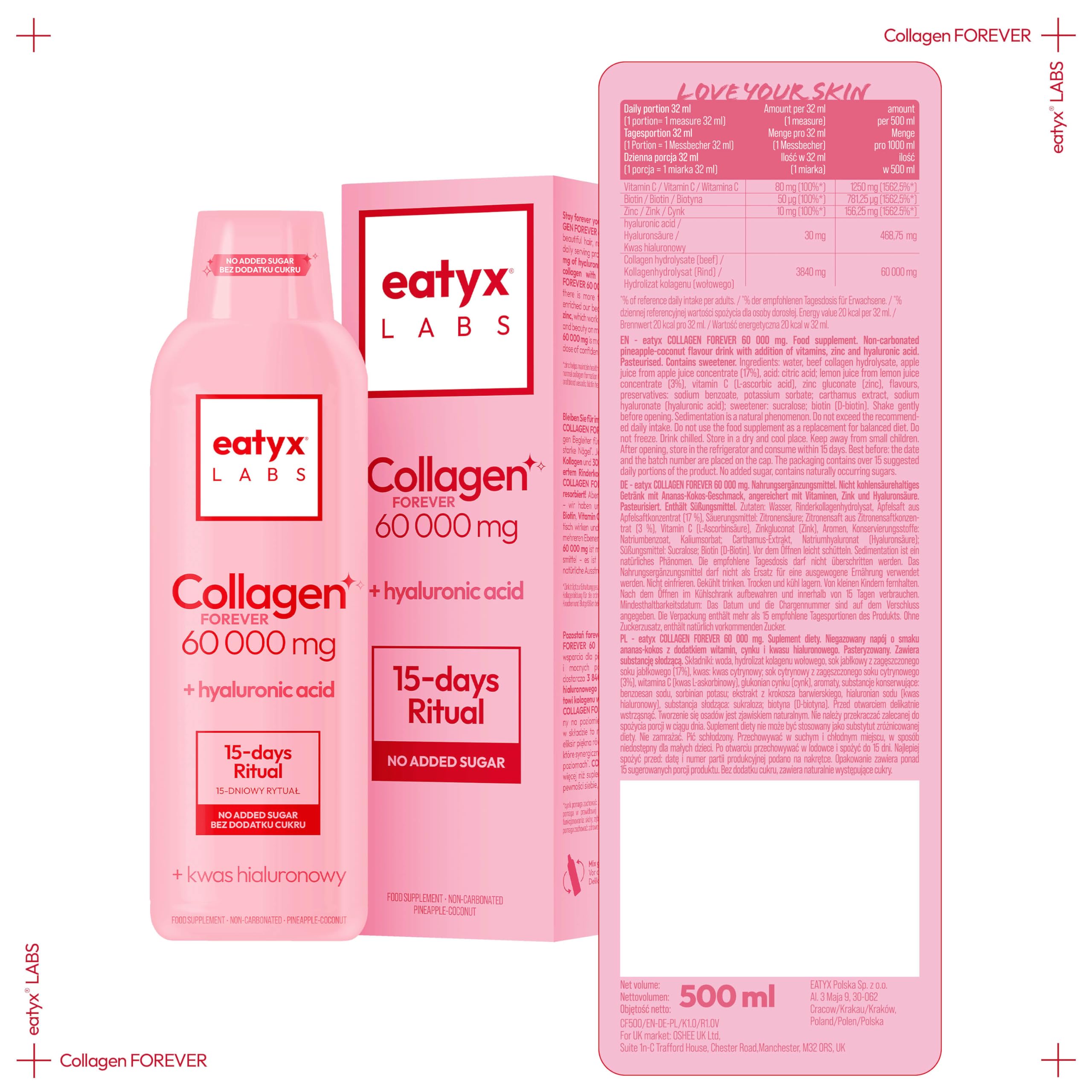 EATYX Labs Collagen Forever 500 ml – 60-dniowa kuracja kolagenowa 5000 mg, suplement diety na skórę, włosy i paznokcie, witaminy i kwas hialuronowy