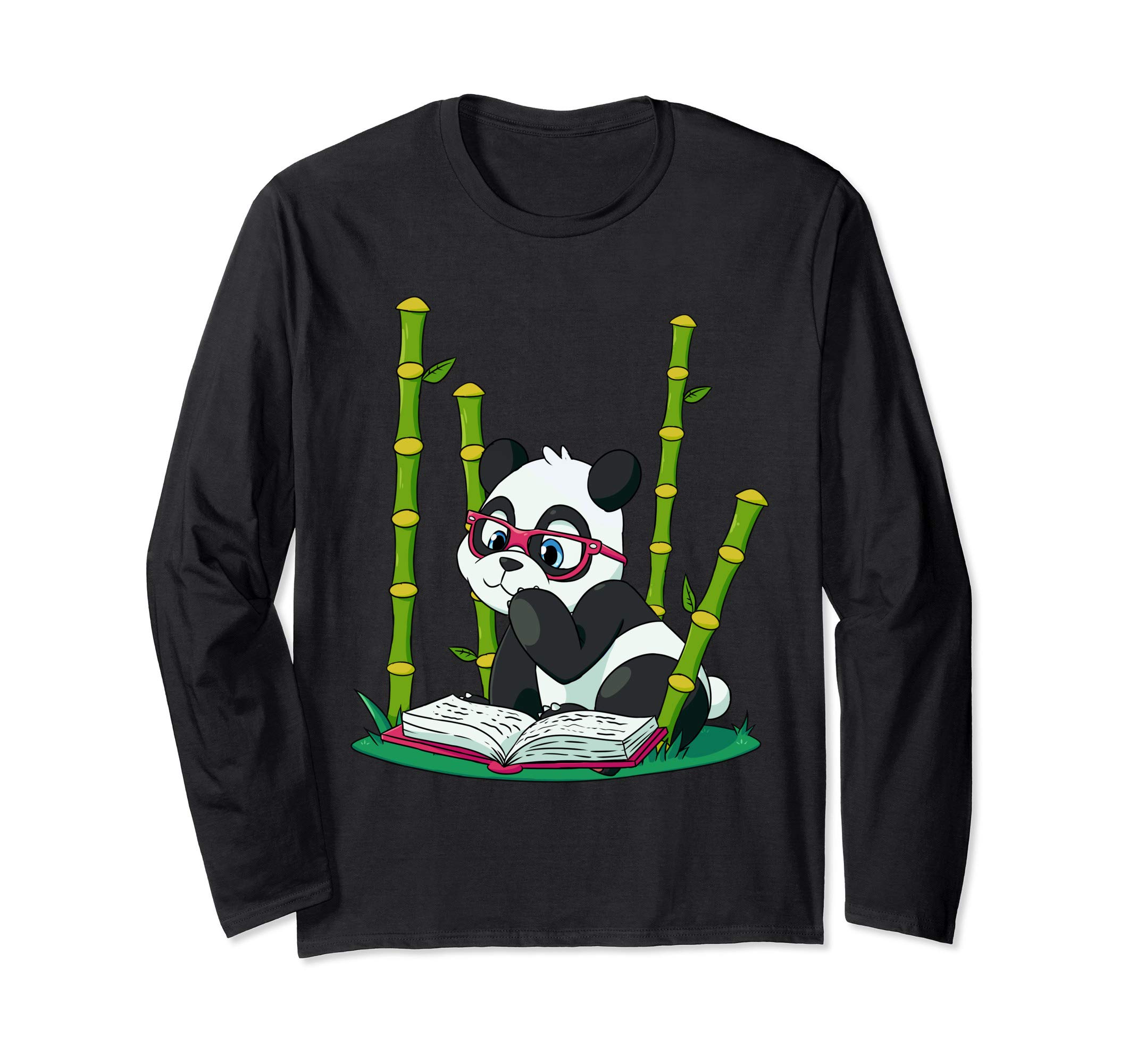 Panda Bear Book Worm Nerd Reading Bamboo Jungle Gift Long Sleeve T-Shirt
