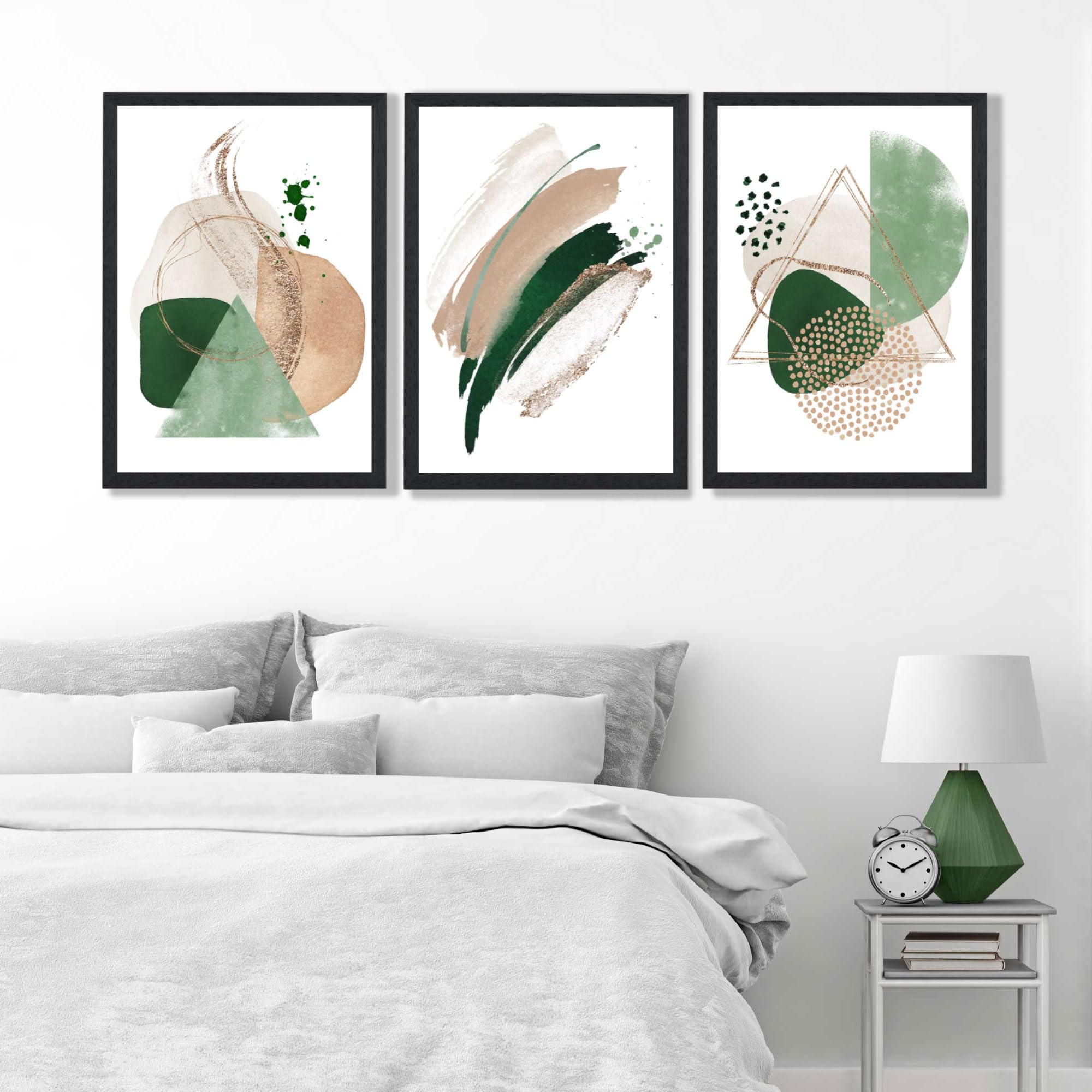 ARTZE Set of 3 Abstract Green and Beige Wall Art Prints Only Size: (A3-29.7 x 42 cm)