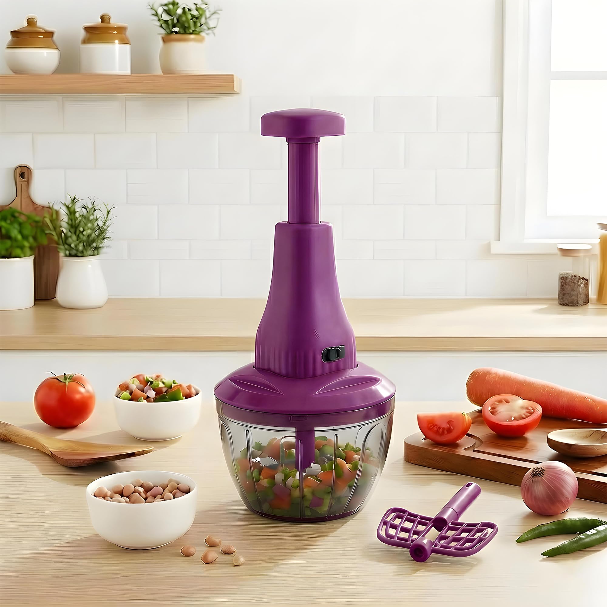 Chopper for Kitchen Use | 650 ml Round Push Chopper with 3 Blades and Whisker | Chopping Vegetables & Fruits, Onion, Ginger, Garlic, Salad, Tomato, Potato (Purple)-image-48